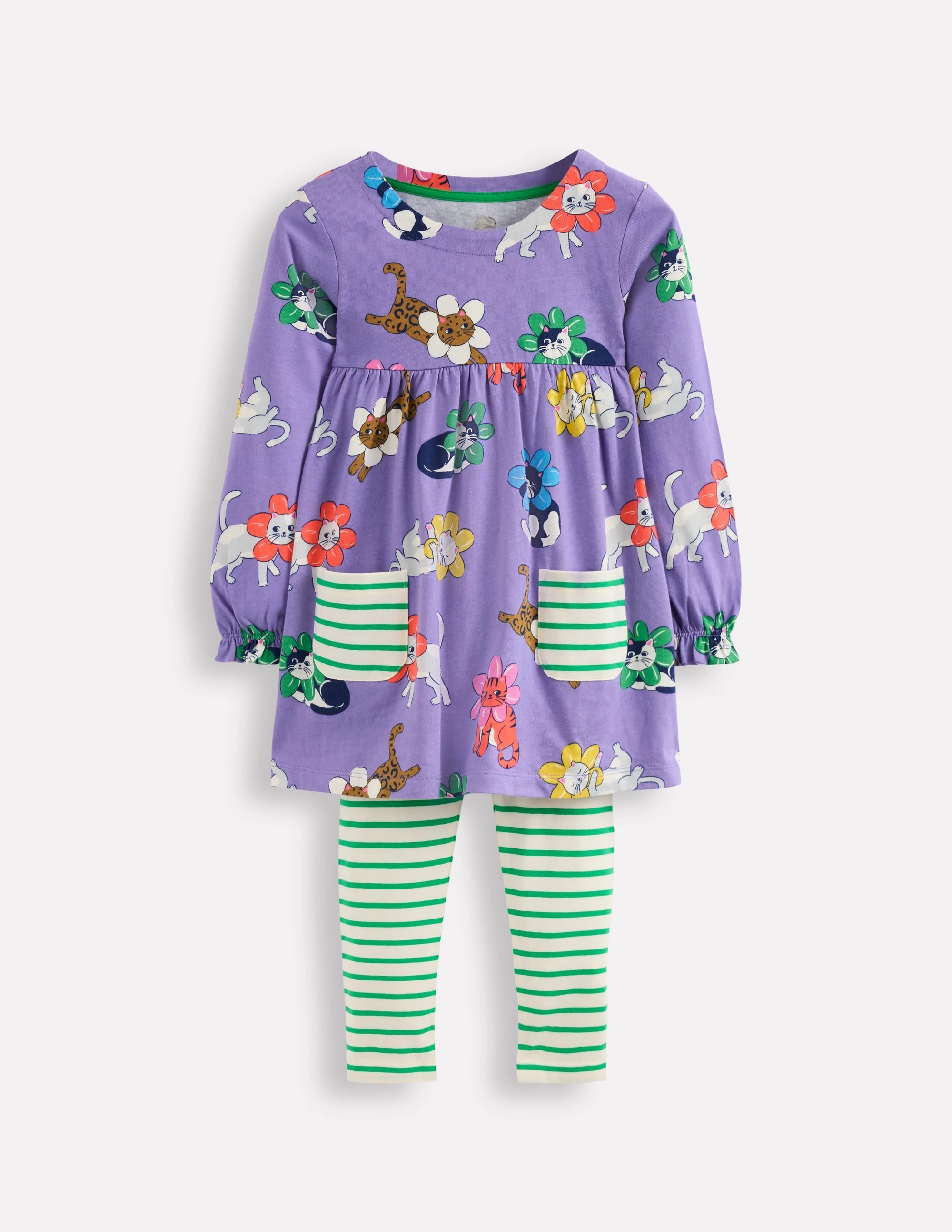 Soft Design Stretch performance Long-sleeved print tunic set-Aster Purple Flower Cats