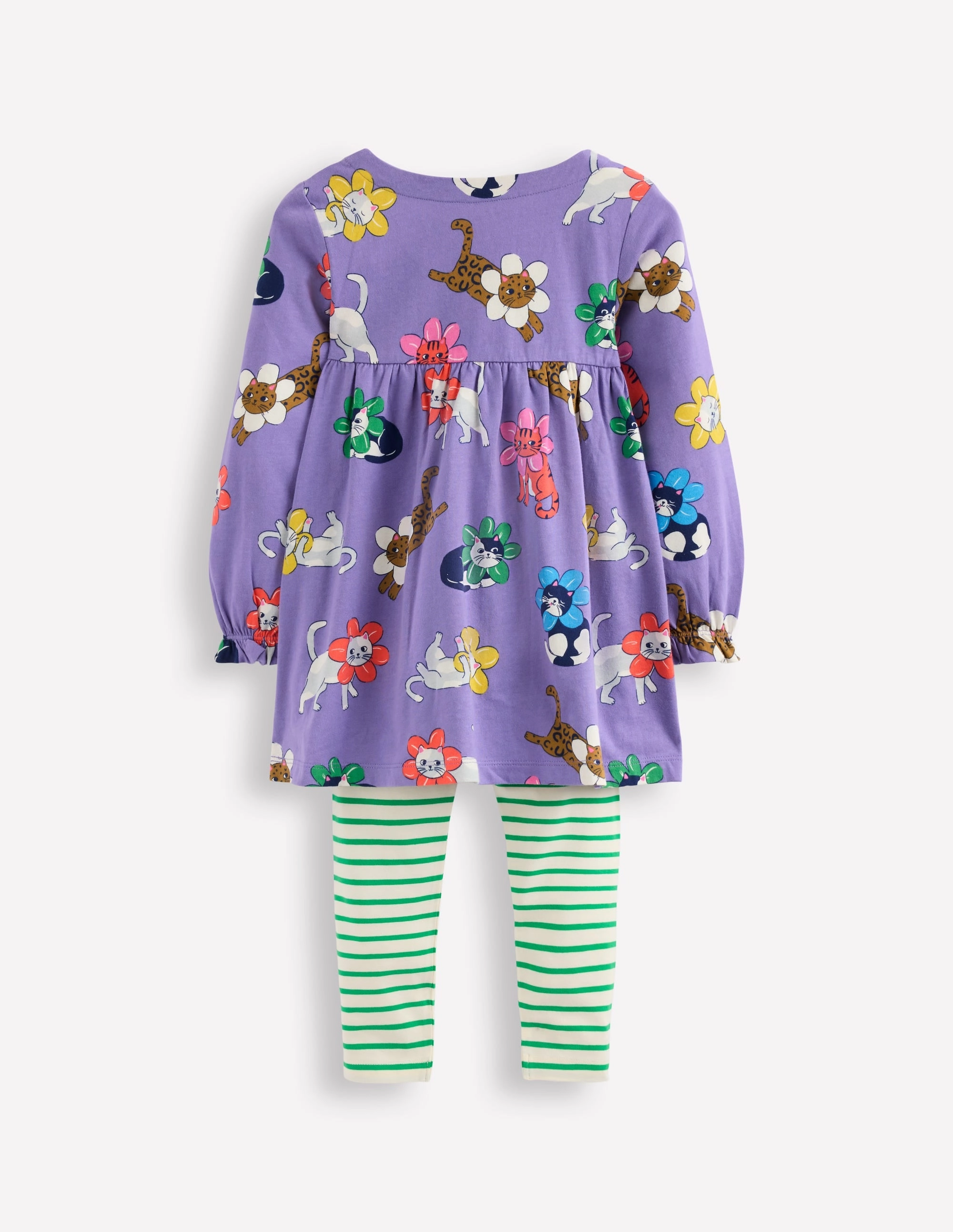 Stylish Day Wear High Density Cotton Long-sleeved print tunic set-Aster Purple Flower Cats