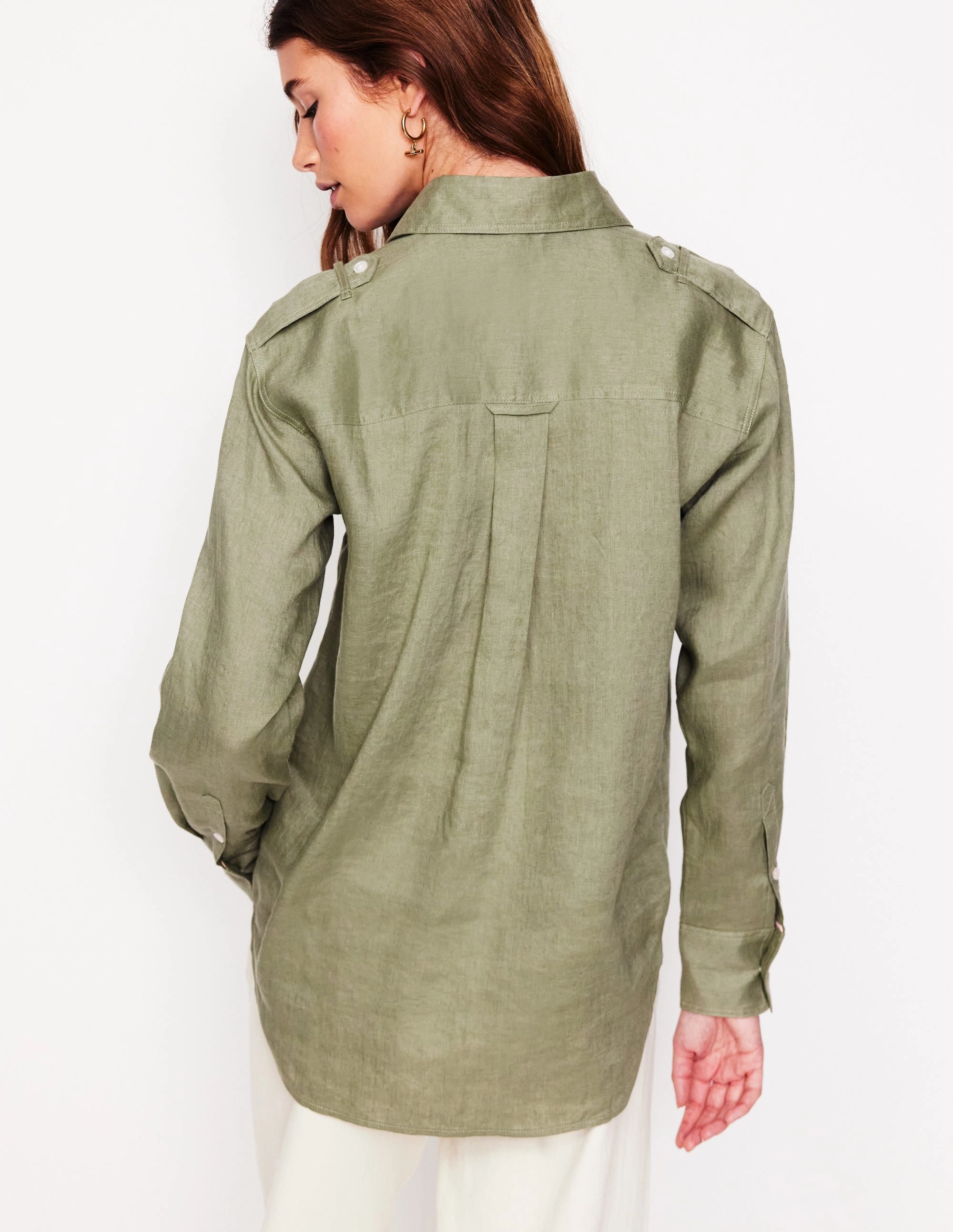 Longline Linen Safari Shirt-Larch Green spandex blend Odor-resistant