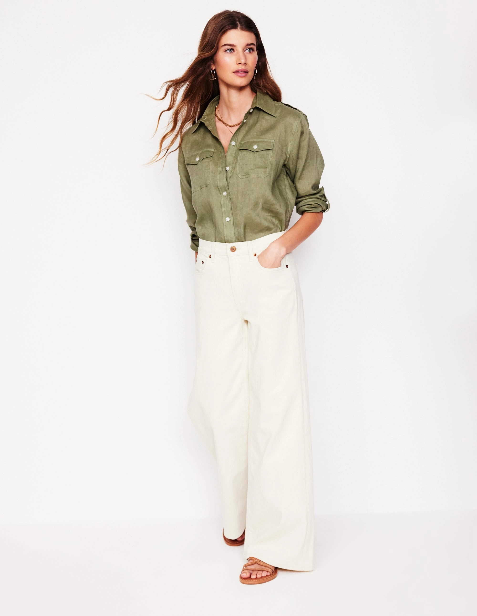 Stretch Comfort Simple Chic Longline Linen Safari Shirt-Larch Green