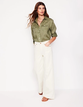 Stretch Comfort Simple Chic Longline Linen Safari Shirt-Larch Green