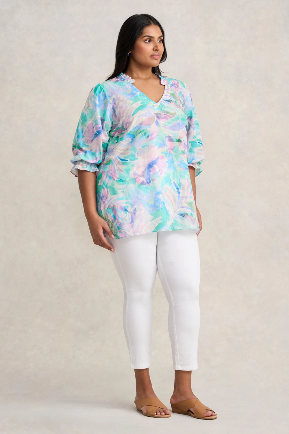 Smooth Interior Lining Embellished Cotton Kaftan - Watercolour Palm