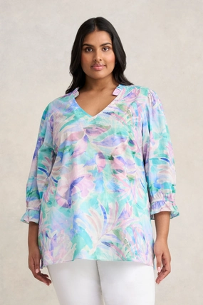 Printed top Long Sleeve Tee Embellished Cotton Kaftan - Watercolour Palm