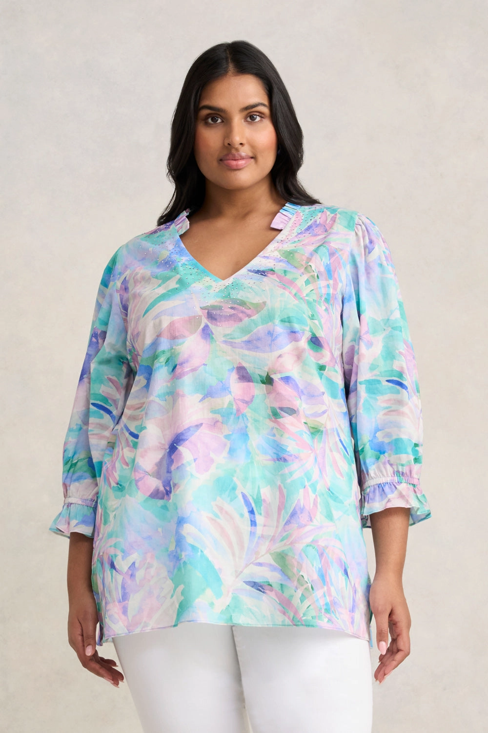 Printed top Long Sleeve Tee Embellished Cotton Kaftan - Watercolour Palm