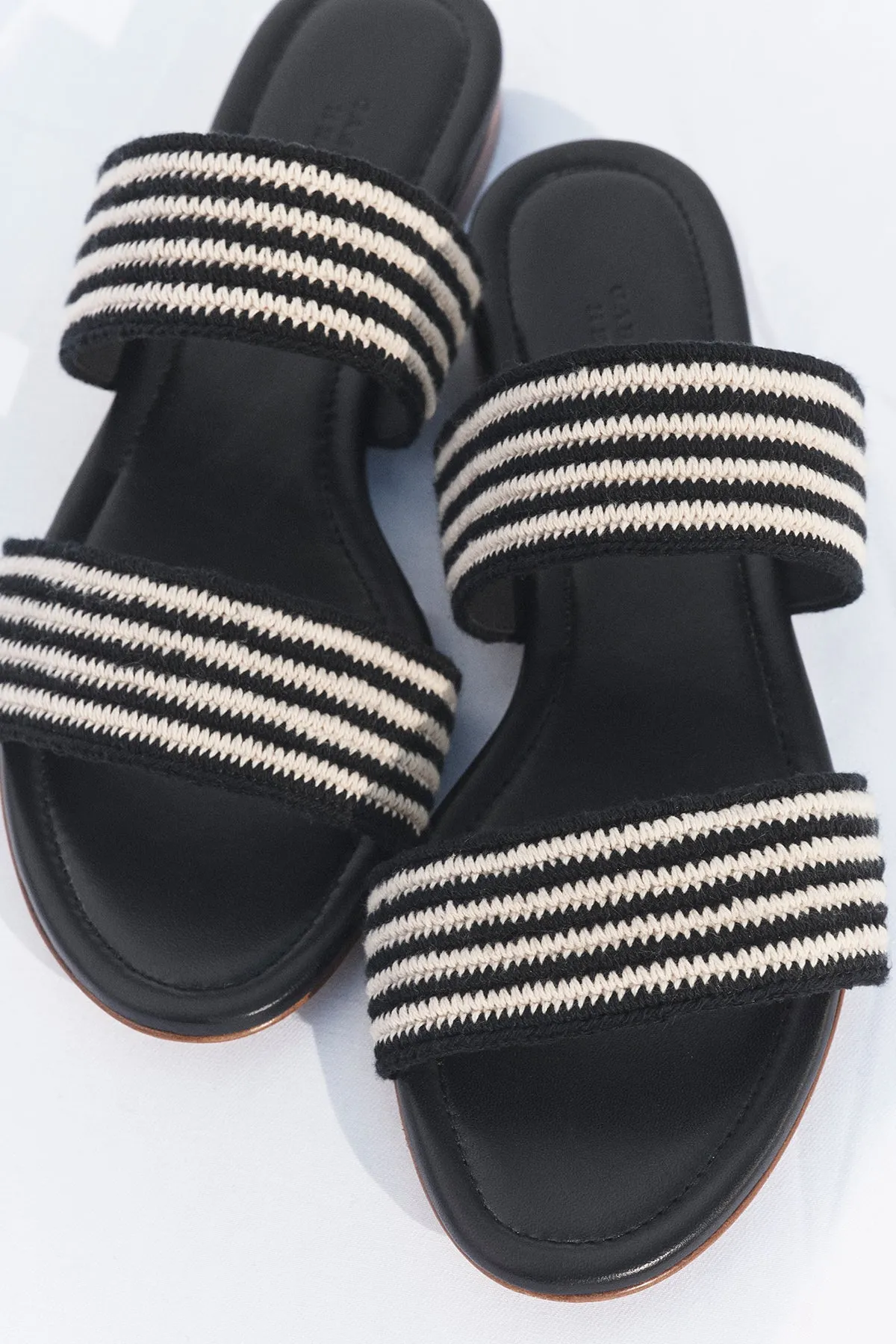 Scandi Clean Picnic Spot Lora Flat Sandal in Black & White Nappa Leather Crochet