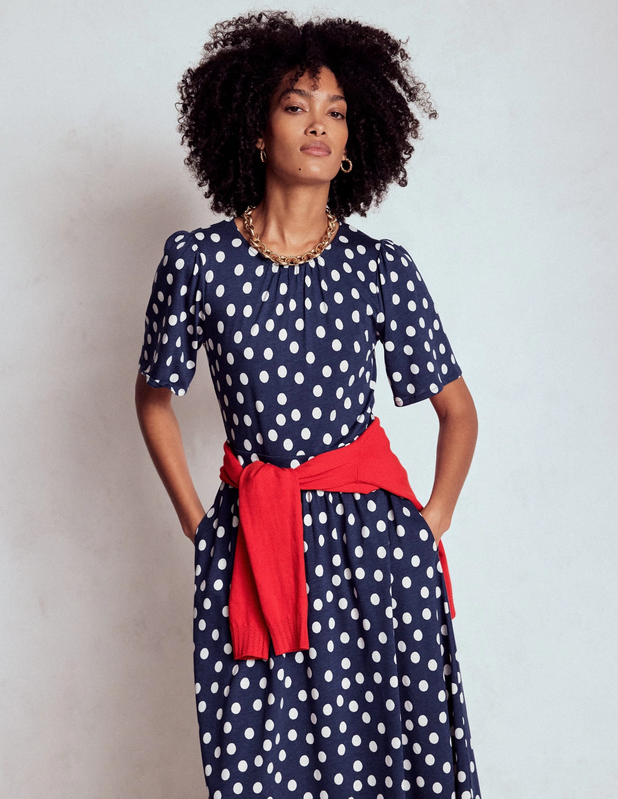 Comfortable Layering Louisa Jersey Midi Dress-French Navy, Painted Dot