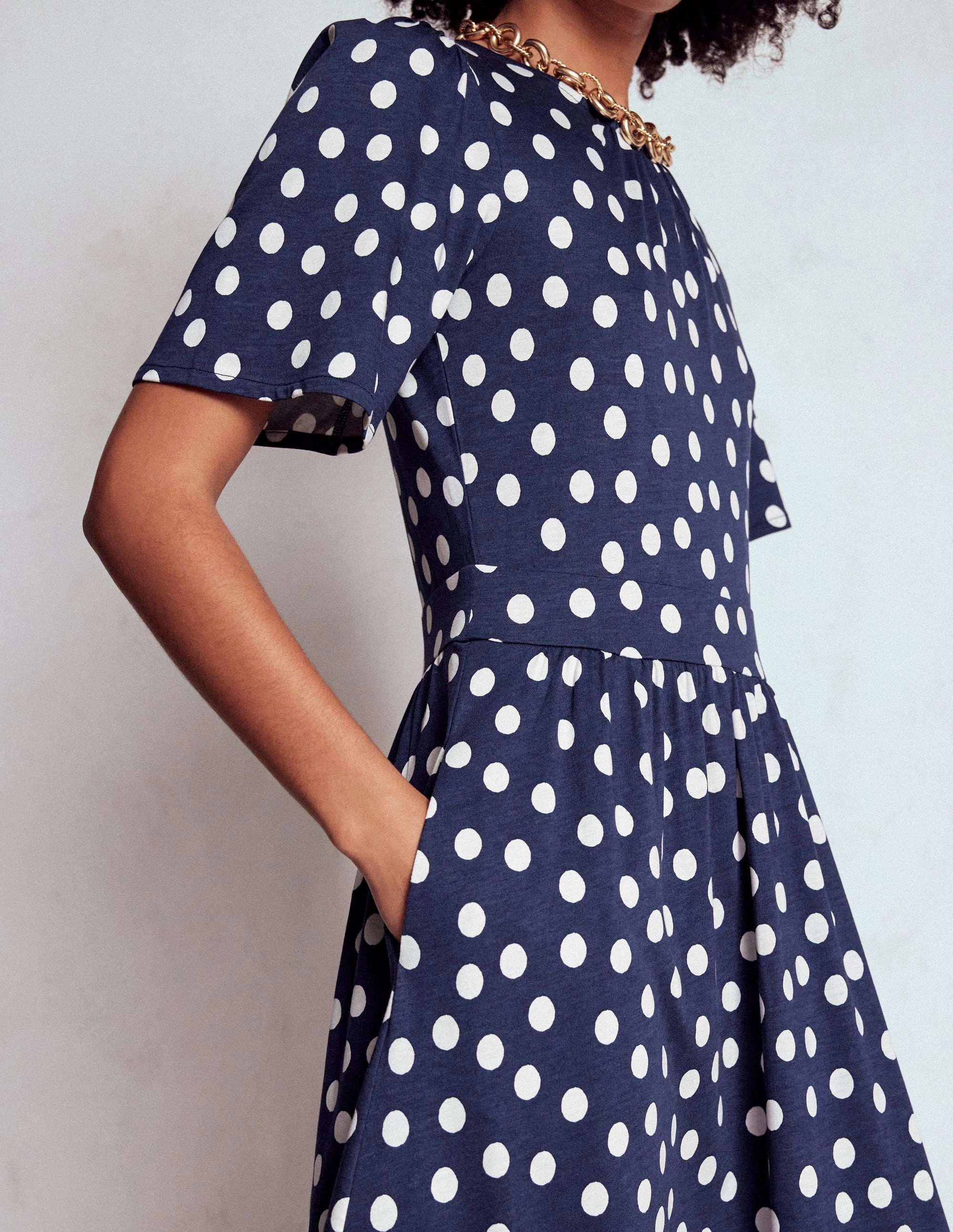 Louisa Jersey Midi Dress-French Navy, Painted Dot Airy Drape Zip-Closure
