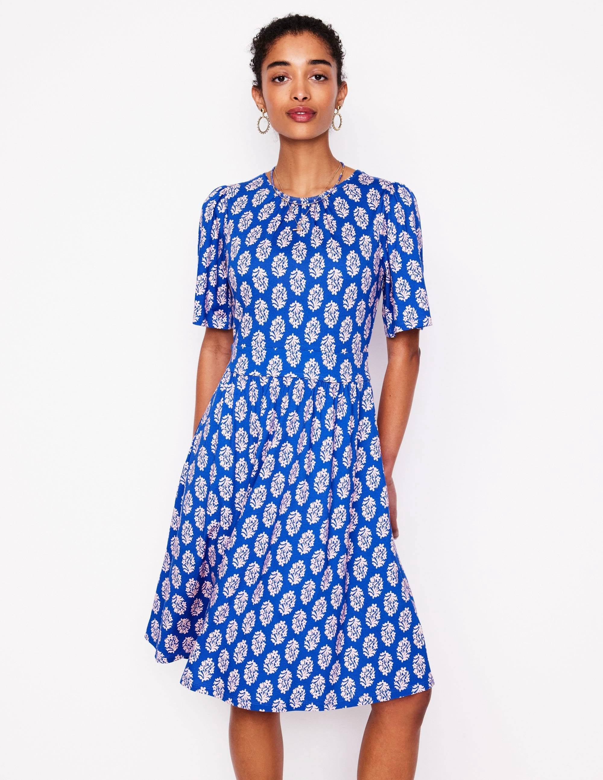 Louisa Short Jersey Dress-Gallery Blue, Posy Stamp Soft Comfort Essential Layer