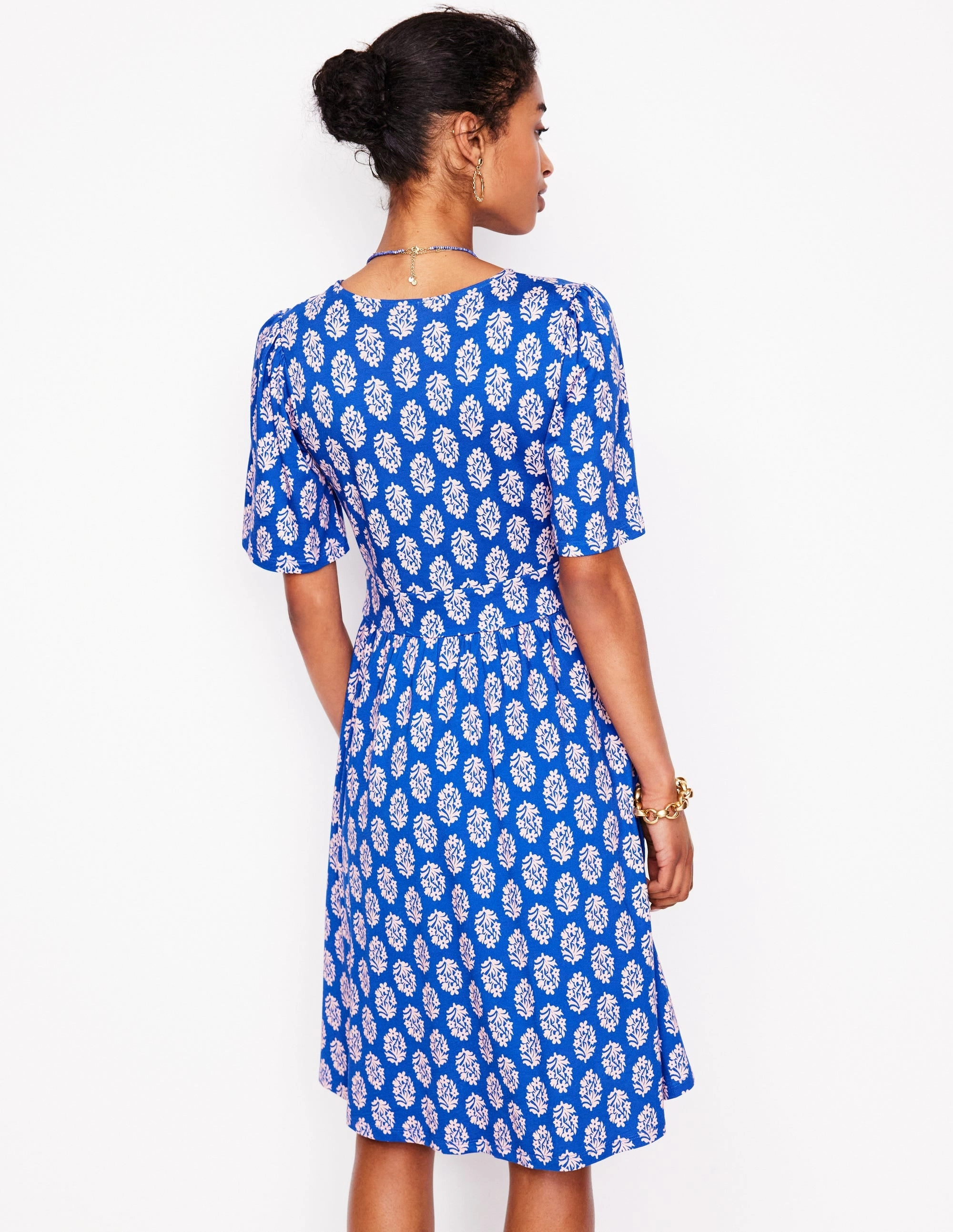 Louisa Short Jersey Dress-Gallery Blue, Posy Stamp Wrap style