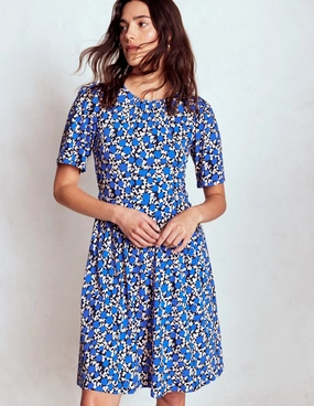 Air Layer loose silhouette Louisa Short Jersey Dress-Kingfisher Blue, Floweret Vine