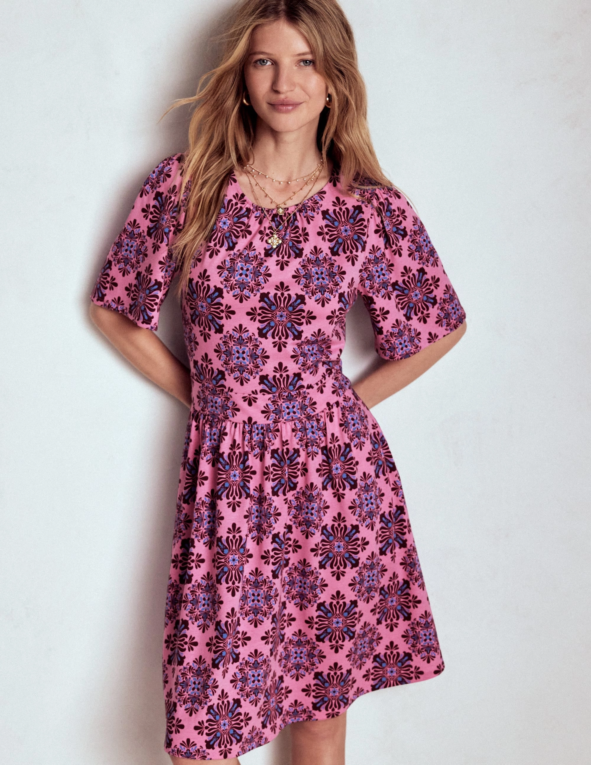 Profile Enhancer Clean Flow Louisa Short Jersey Dress-Pink Lemonade, Bloom Mosaic