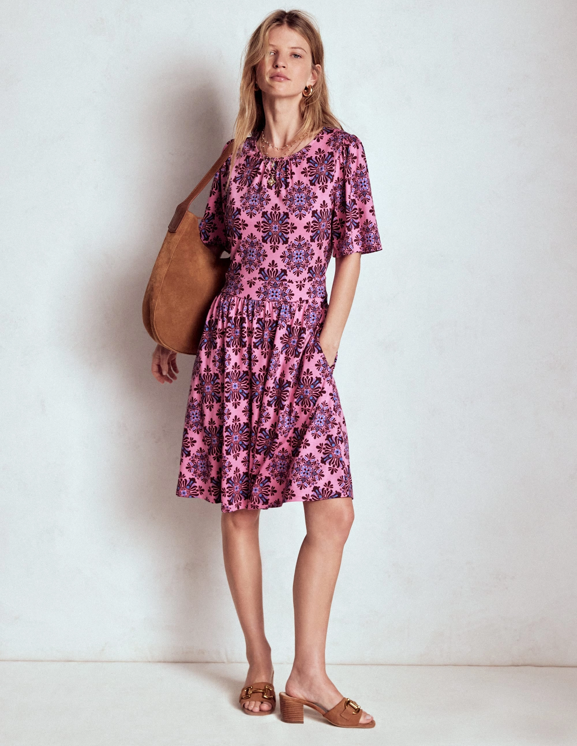 Louisa Short Jersey Dress-Pink Lemonade, Bloom Mosaic Spring Mood Shine Finish