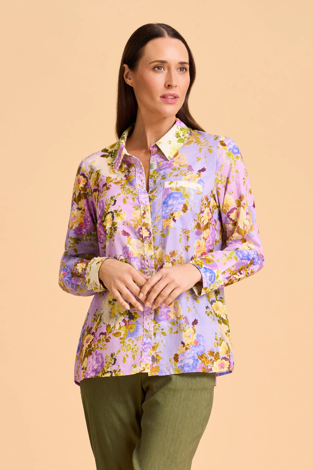 Sport Top Beaded Mixed Print Shirt - Chantilly Mix