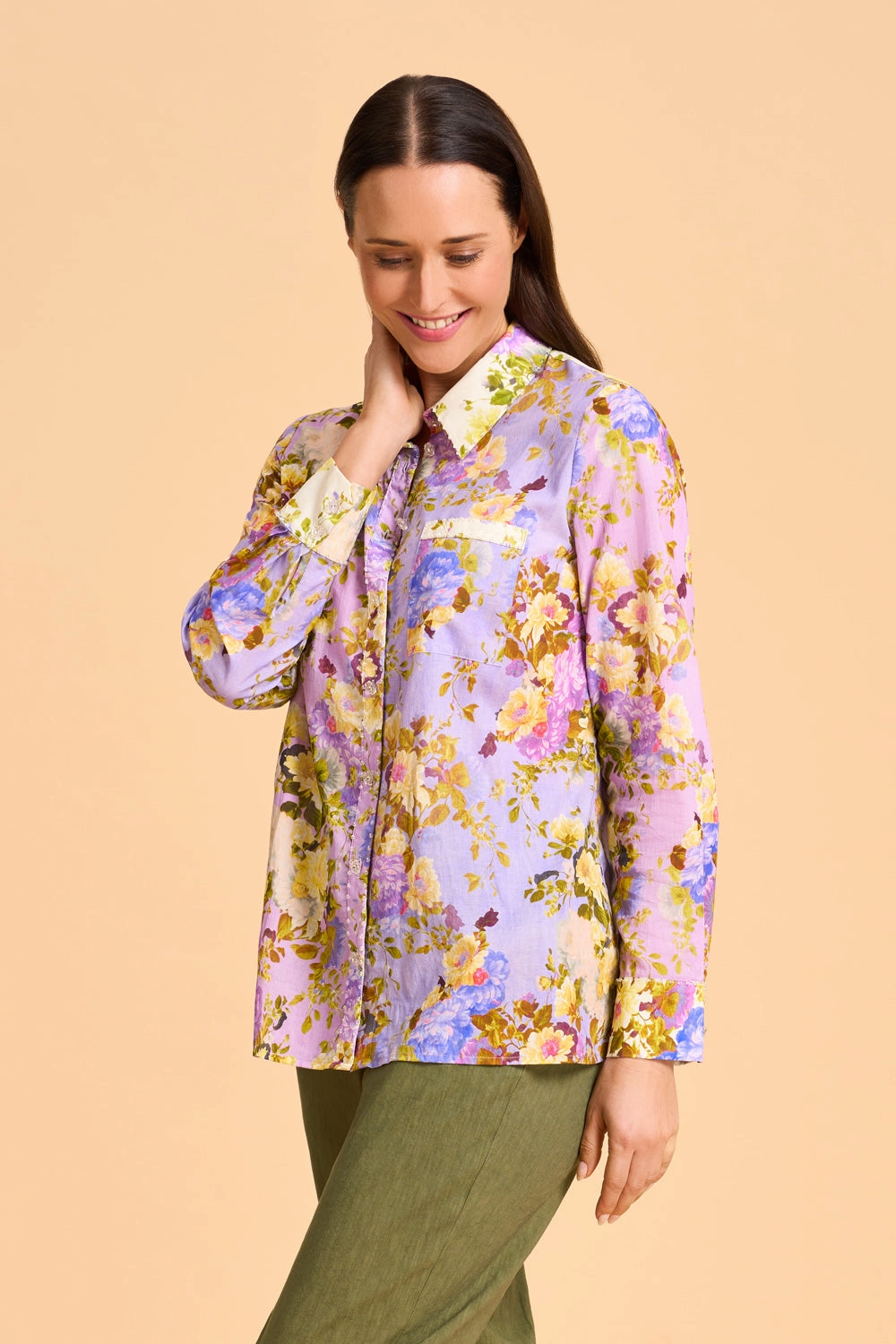 EcoFriendly Manufacturing Beaded Mixed Print Shirt - Chantilly Mix