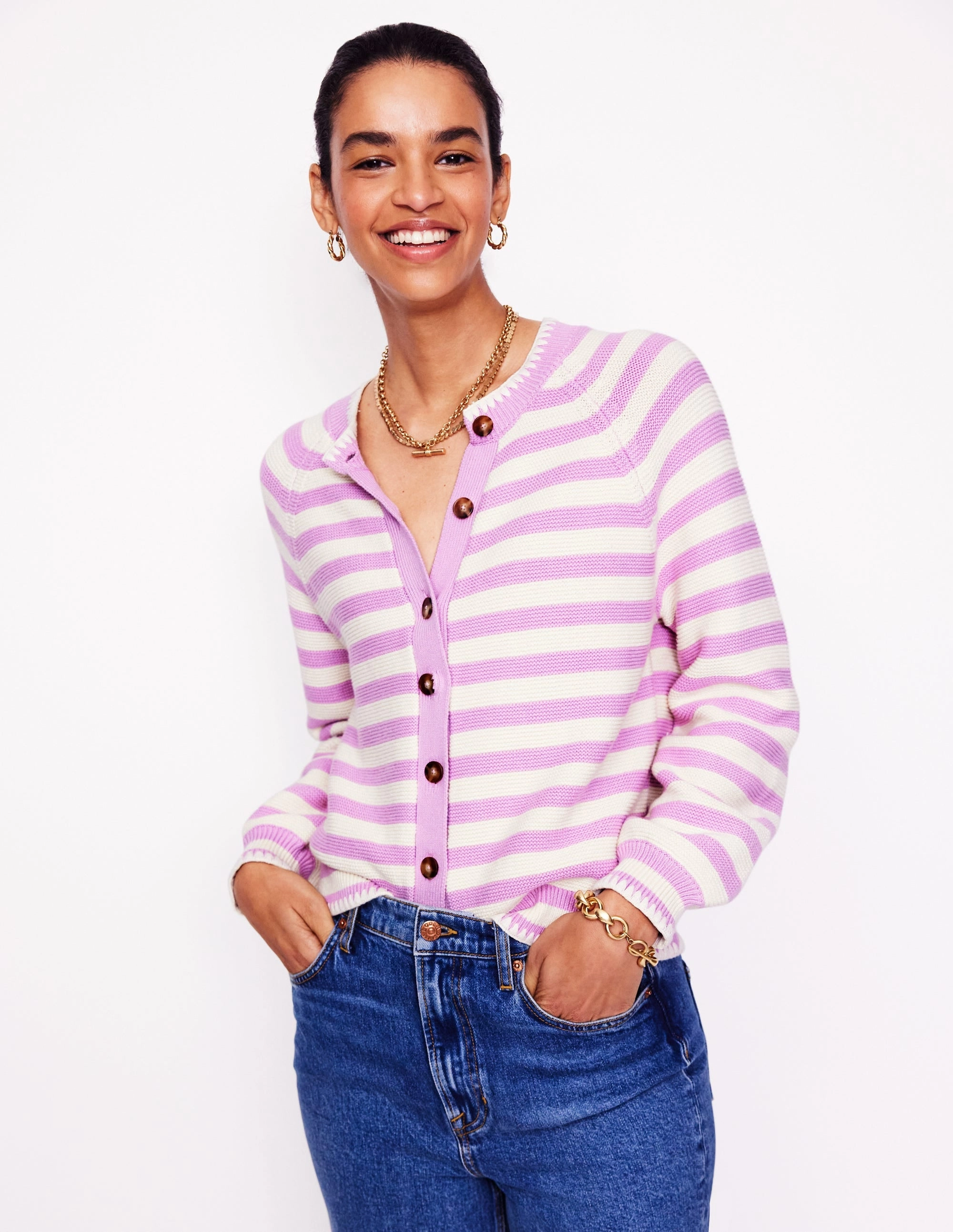 Lena Stitch Detail Cardigan-Soft Lavender and Ivory Stripe Subtle Elegance Contrast Stitch