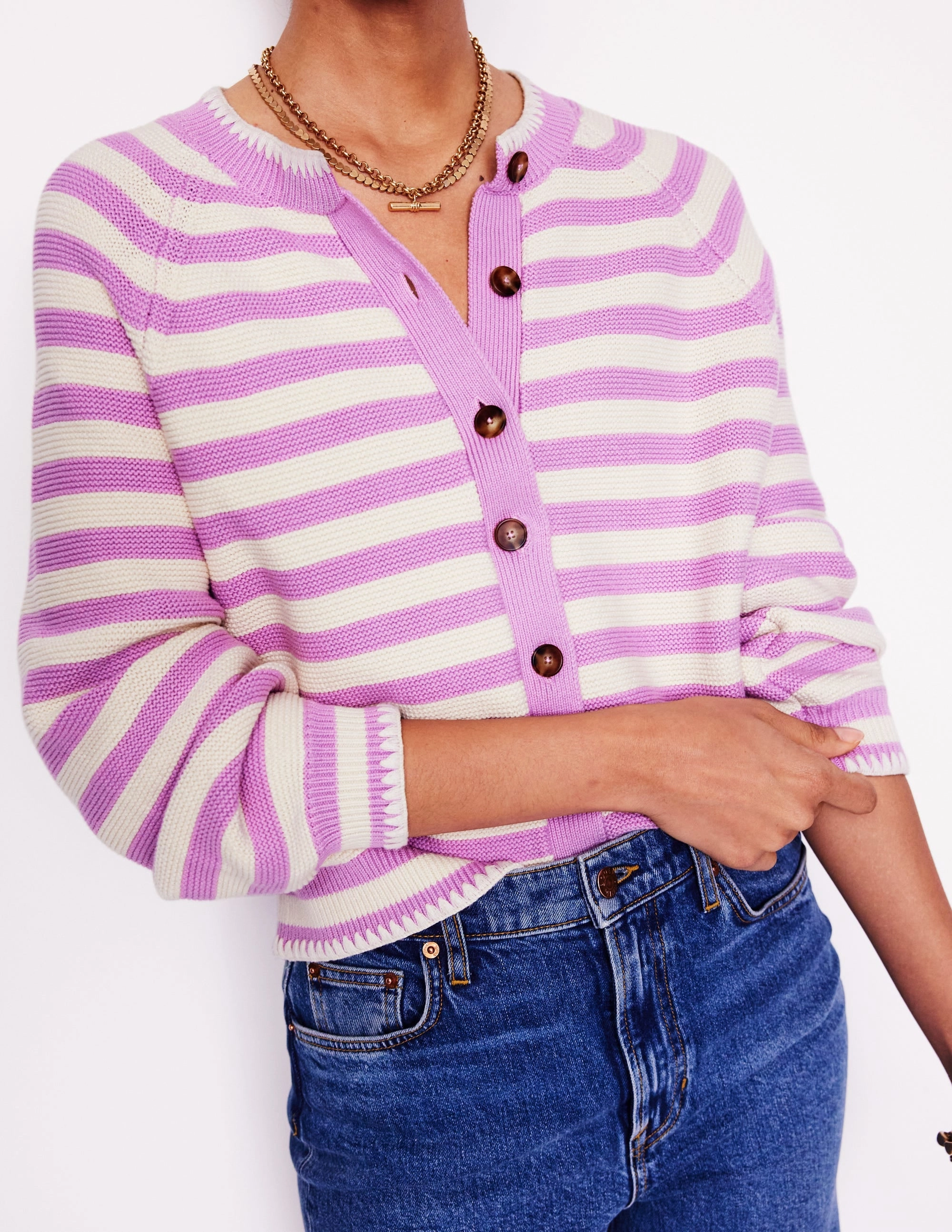 Dimensional Stability Fast Drying Material Lena Stitch Detail Cardigan-Soft Lavender and Ivory Stripe