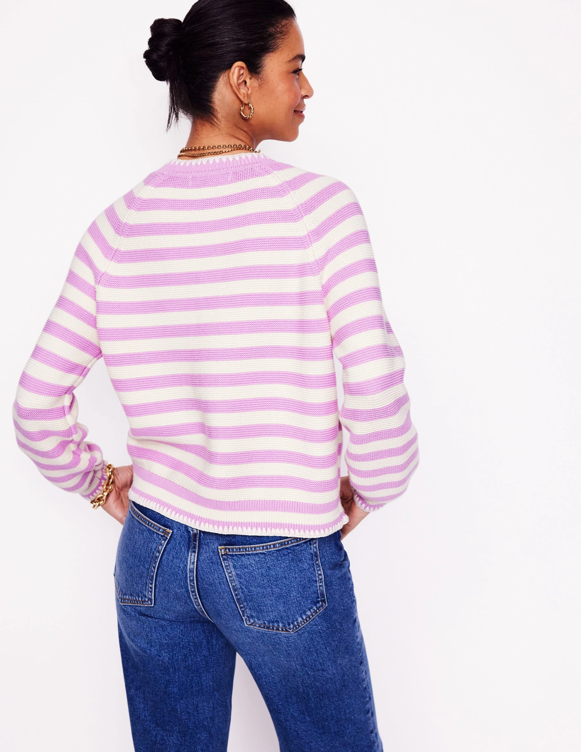 All Day Lena Stitch Detail Cardigan-Soft Lavender and Ivory Stripe