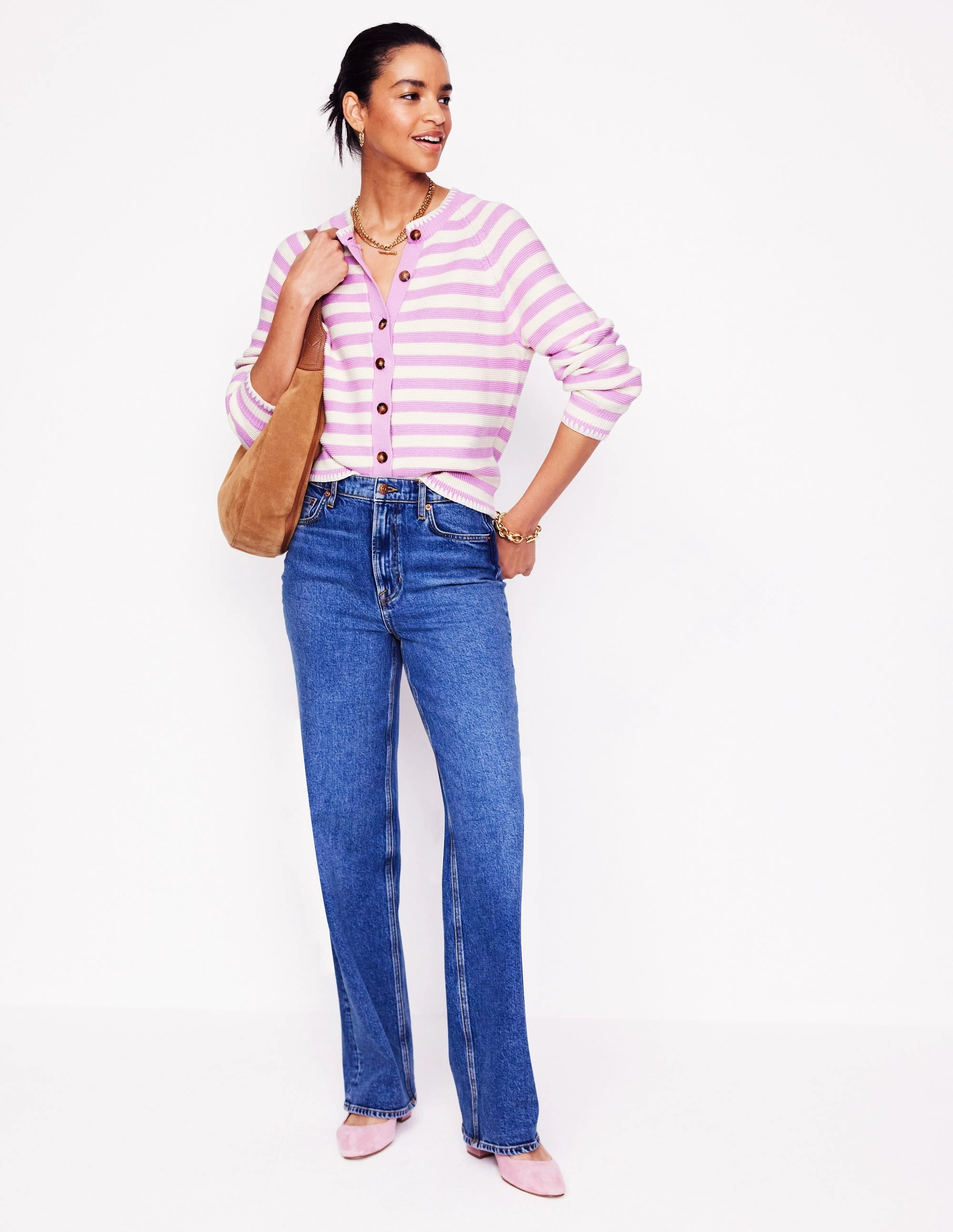 Lena Stitch Detail Cardigan-Soft Lavender and Ivory Stripe Cozy Fleece