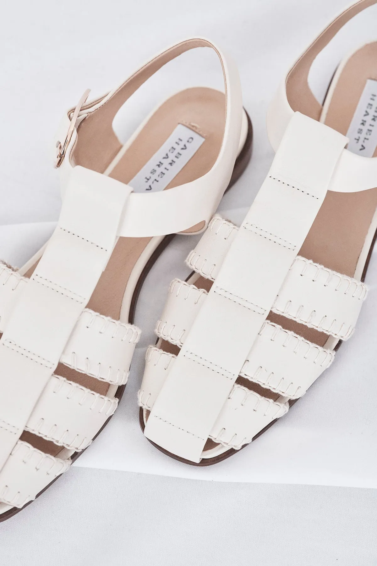Lynn Flat Sandal in Cream Nappa Leather with Stitch Easy Travel