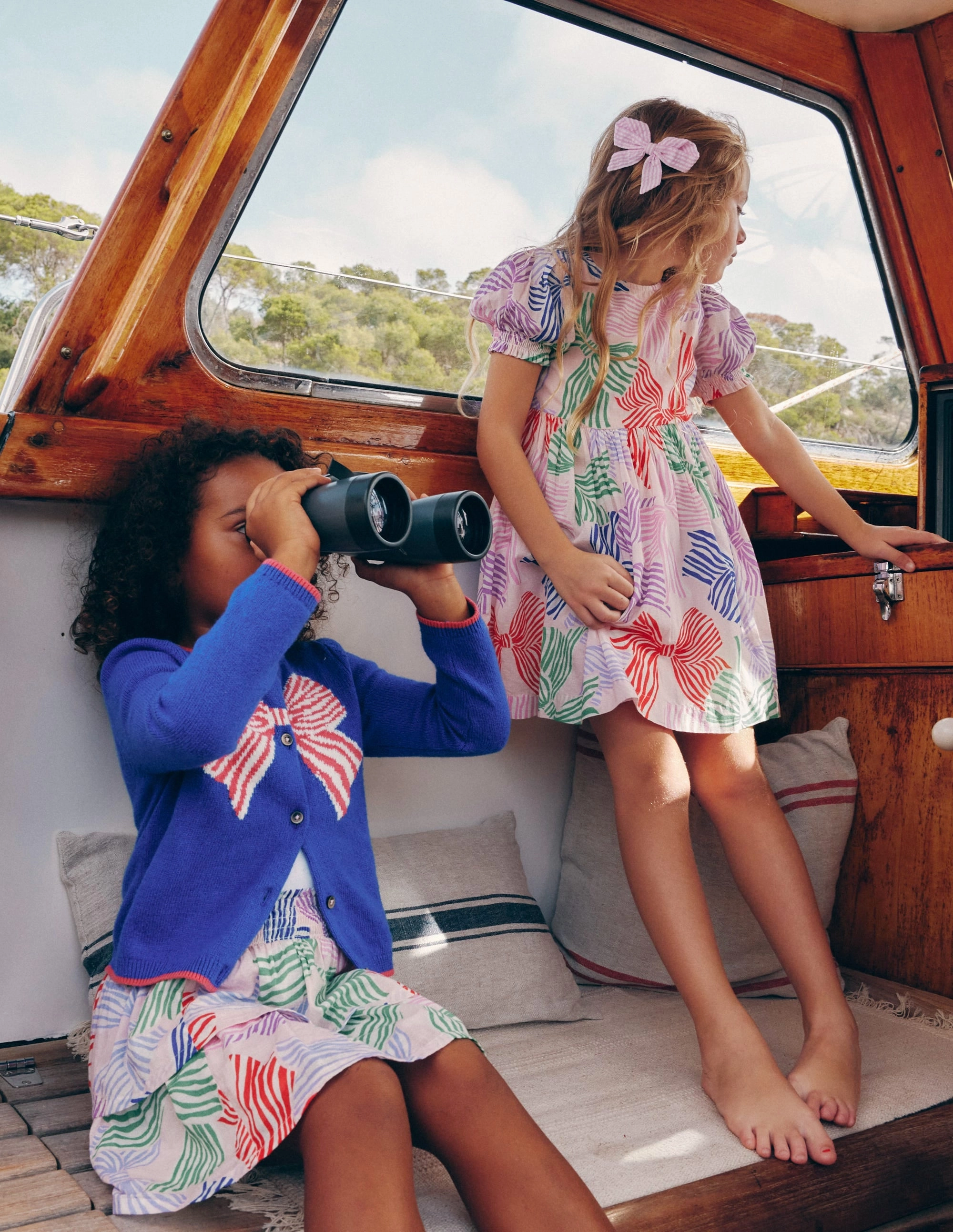 Madeline Woven Dress-French Pink Bows Jewel Accent UV-Resistant