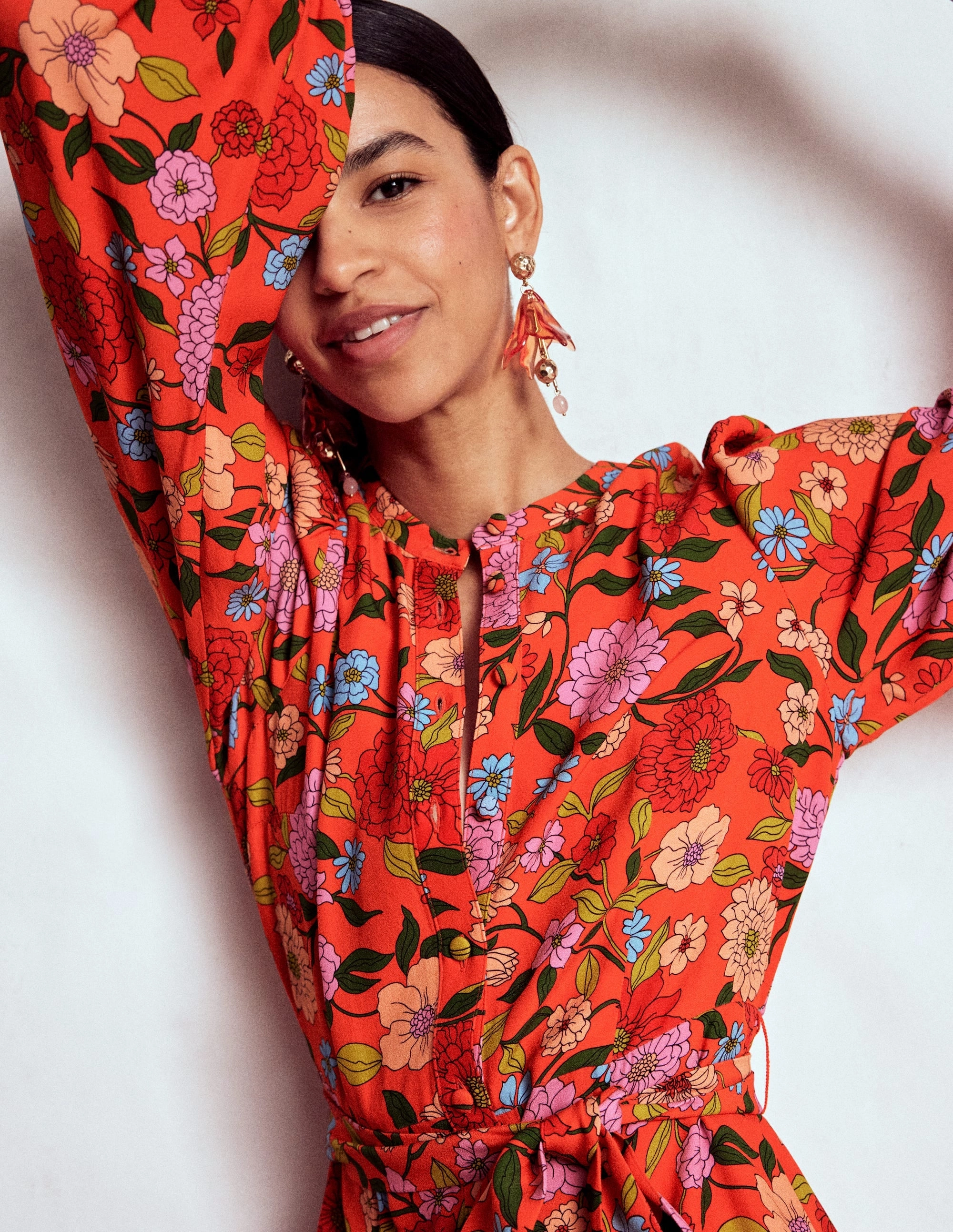 Mae Occasion Maxi Shirt Dress-Firecracker Red, Dahlia Trail Blush Shade