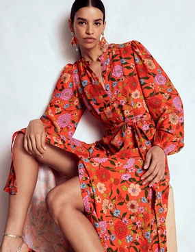 Refined Simplicity Seasonal Essential Mae Occasion Maxi Shirt Dress-Firecracker Red, Dahlia Trail