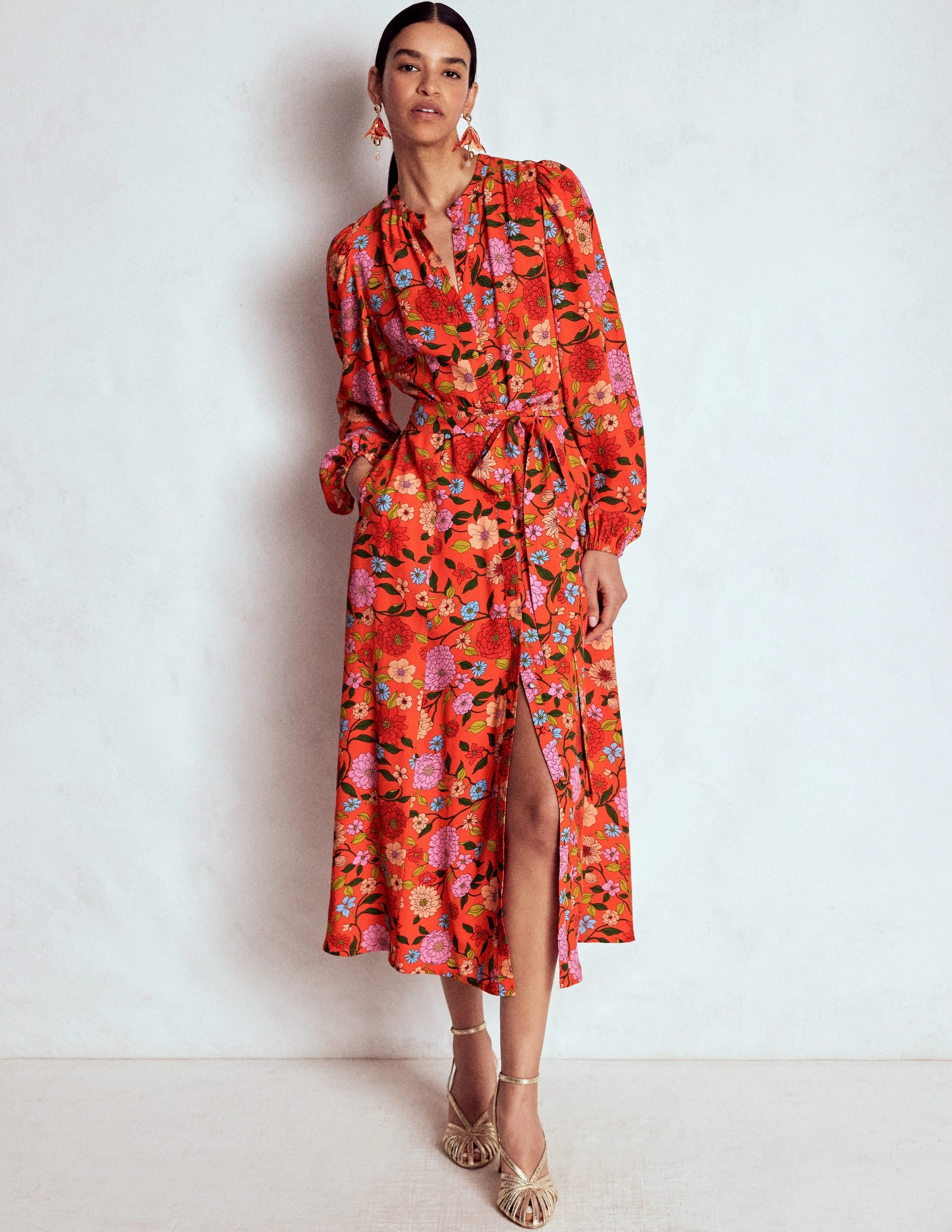 Mae Occasion Maxi Shirt Dress-Firecracker Red, Dahlia Trail Chill Moment Spring Garden