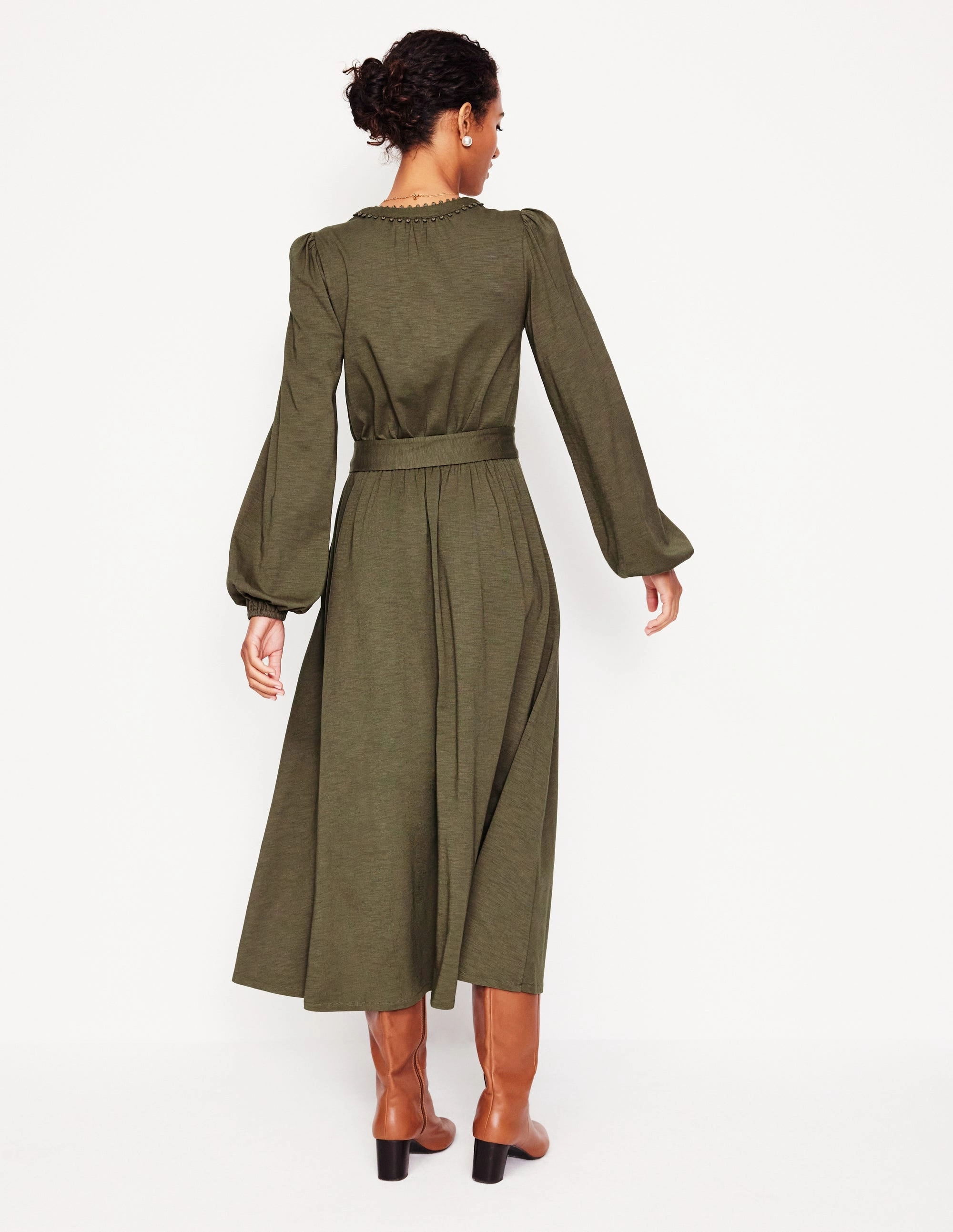 Maeve Trim Jersey Midi Dress-Classic Khaki Day Magic Embroidered-Detail