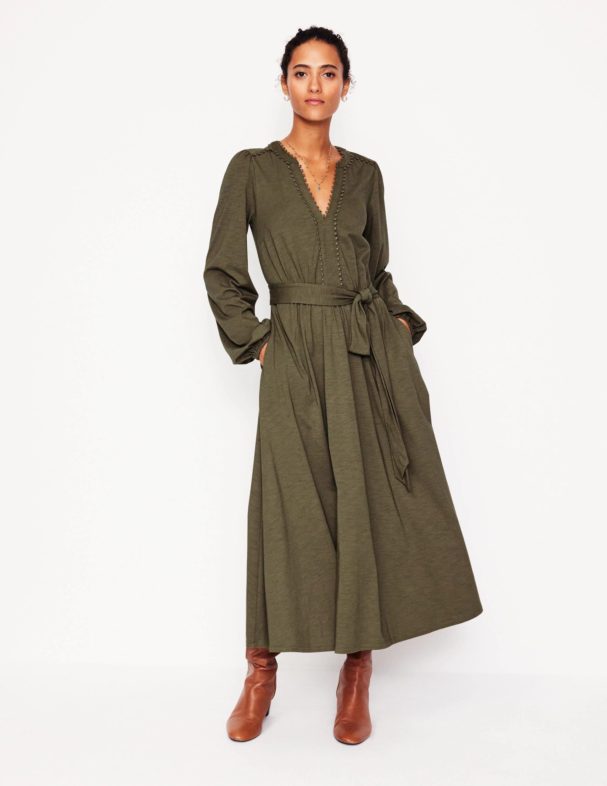 Workwear Rose Flush Maeve Trim Jersey Midi Dress-Classic Khaki