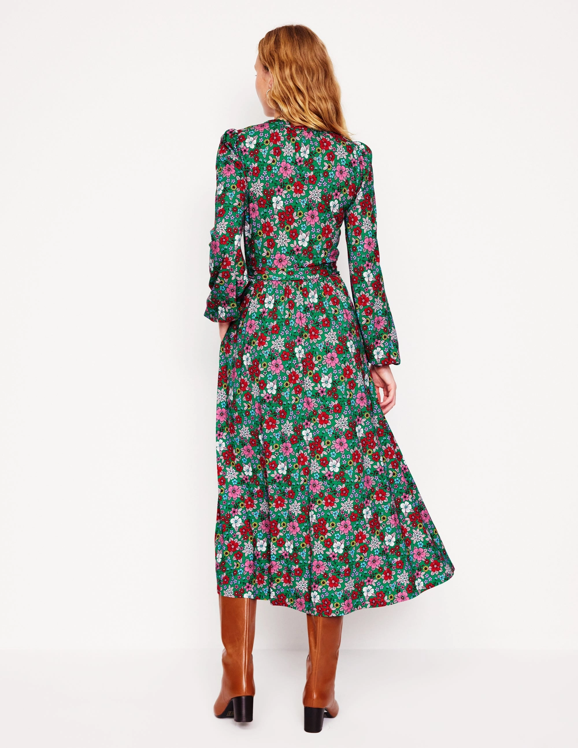 Fit Choice Scandi Light Maeve Trim Jersey Midi Dress-Rich Emerald, Blossom Scatter