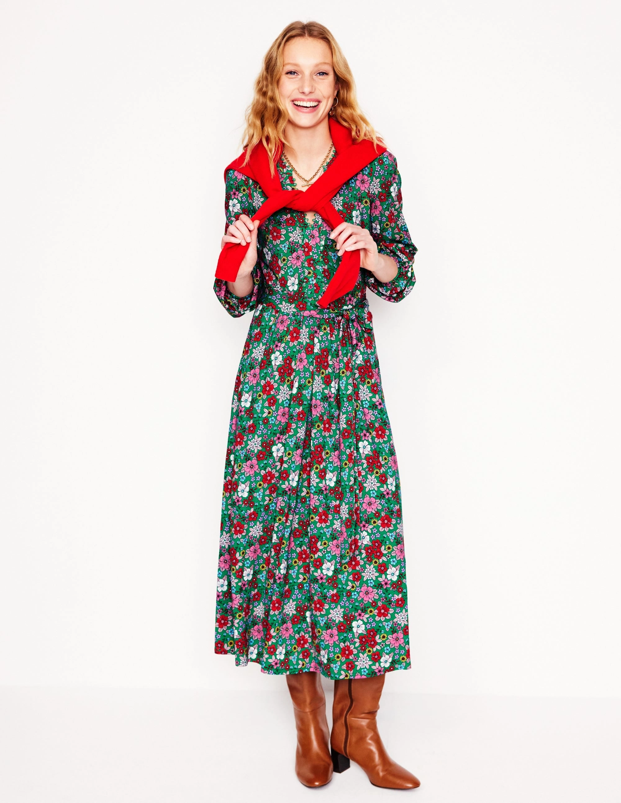 Maeve Trim Jersey Midi Dress-Rich Emerald, Blossom Scatter Casual-Look Button Chic