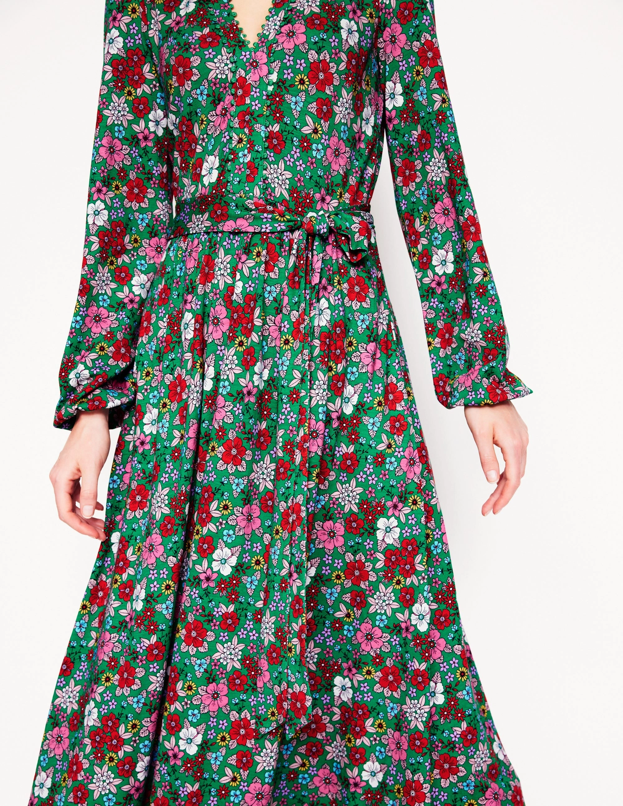 Fashionable Style Maeve Trim Jersey Midi Dress-Rich Emerald, Blossom Scatter