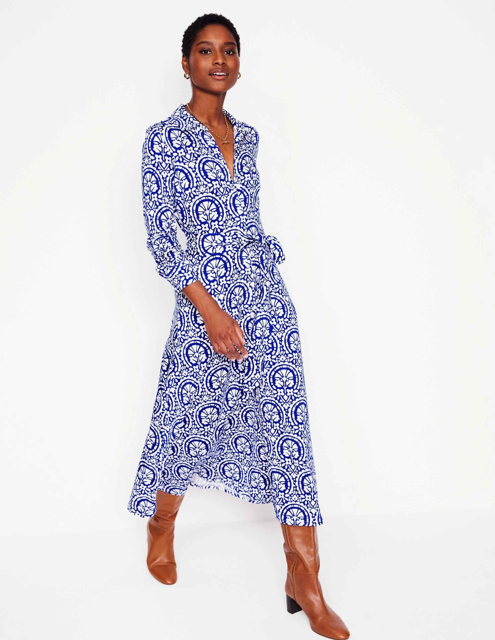 Marcia Jersey Shirt Dress-Bright Blue, Elaborate Stamp Vibrant pattern relaxed elegance