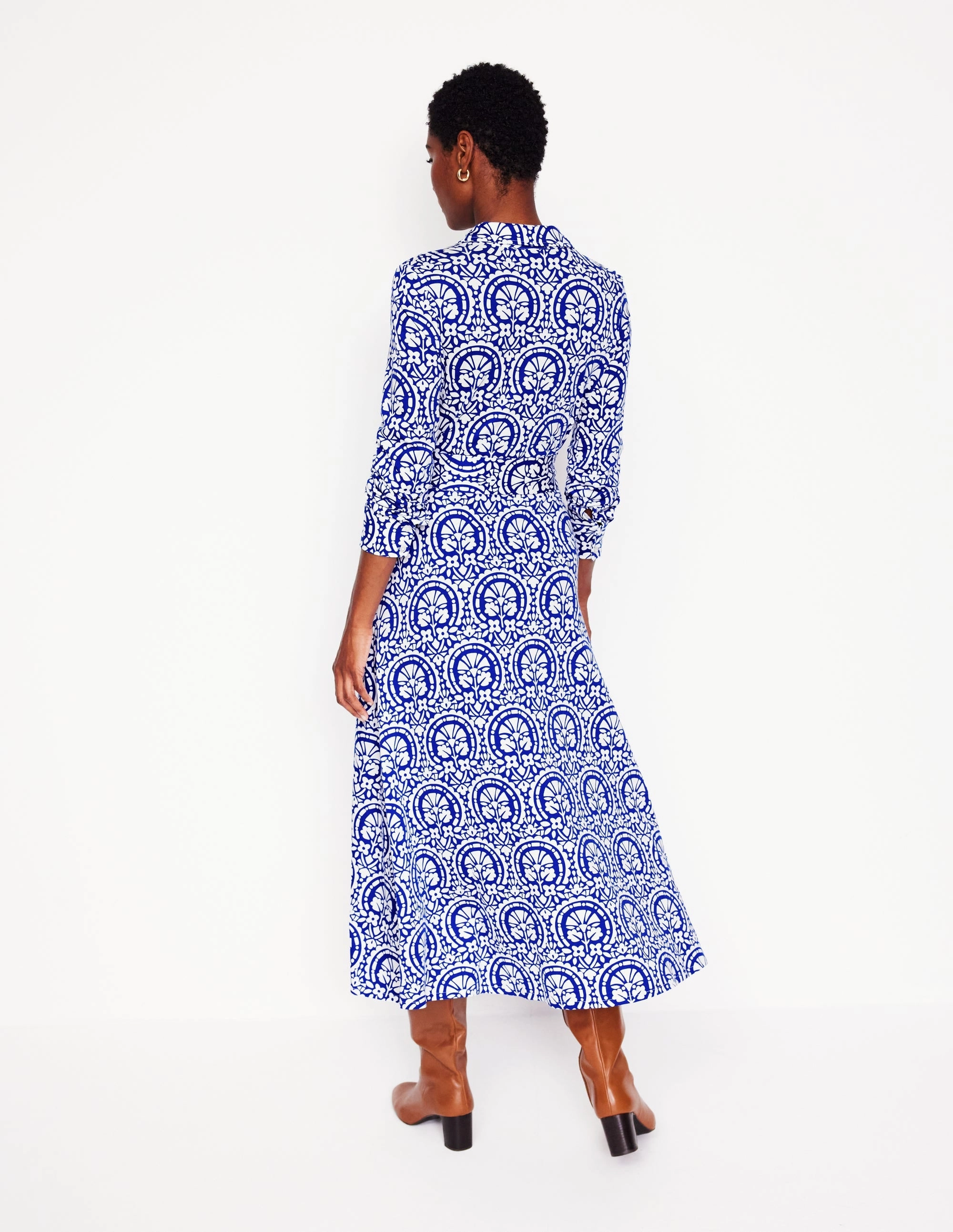 Marcia Jersey Shirt Dress-Bright Blue, Elaborate Stamp Perfect Length Flutter-Sleeve