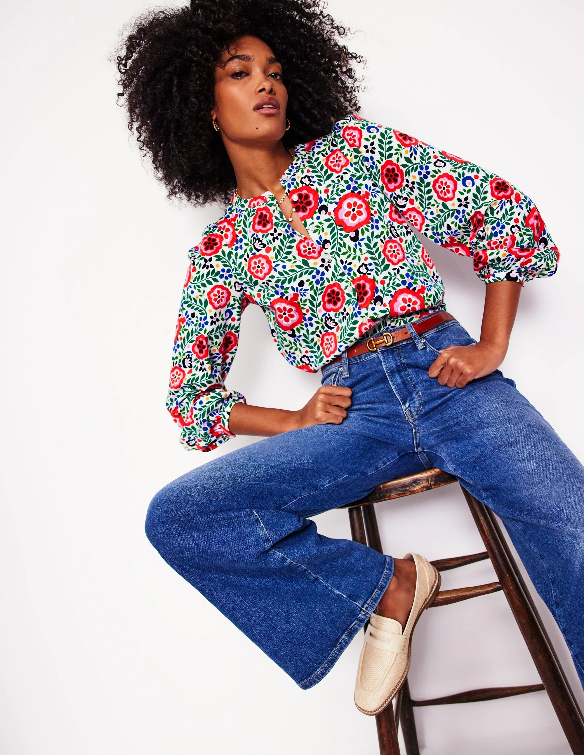 Simple and Chic Weekend Comfort Wear Marina Jersey Shirt-Multi, Foliage Scatter