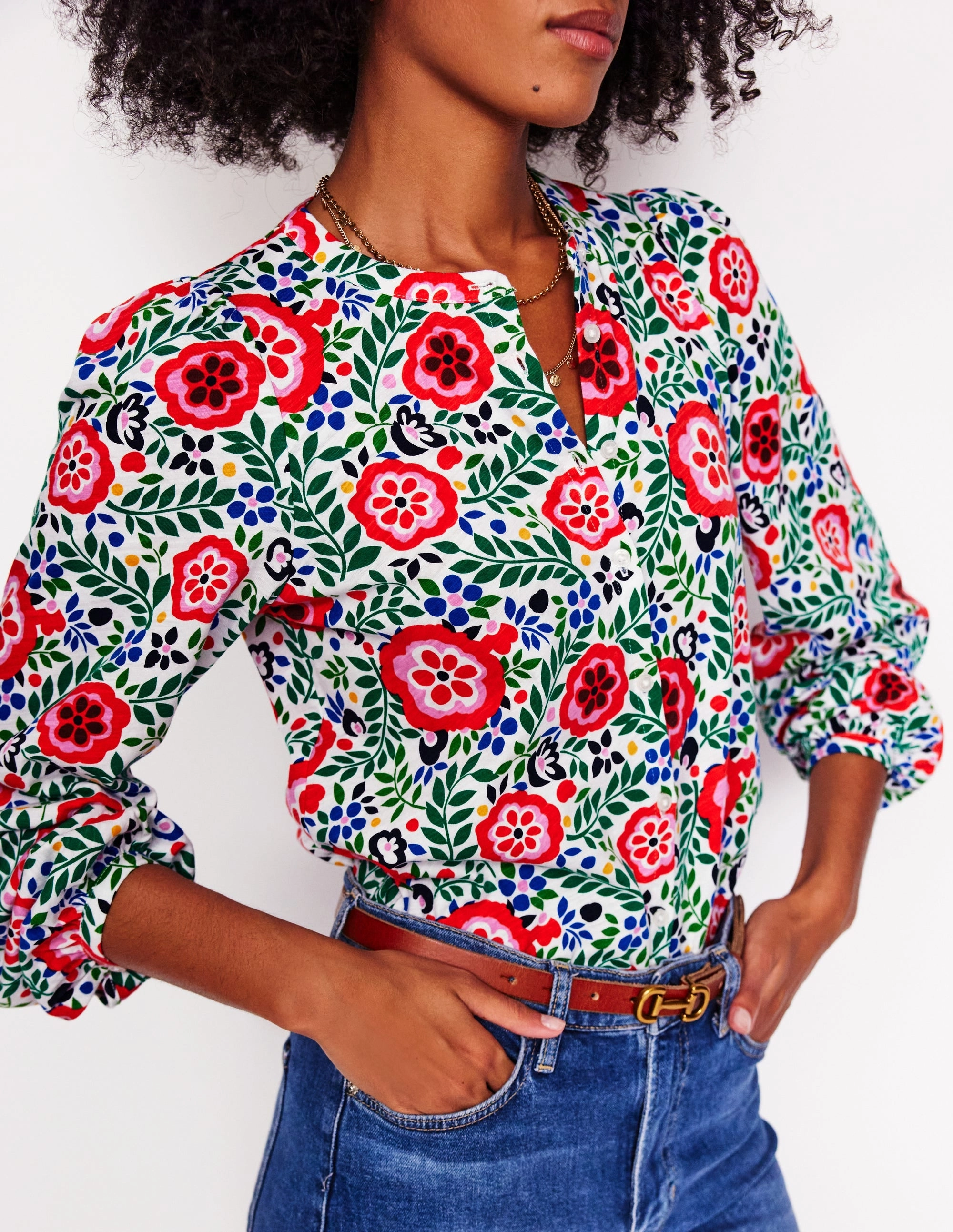 LayeredHemDetails Comfy All-Day Marina Jersey Shirt-Multi, Foliage Scatter