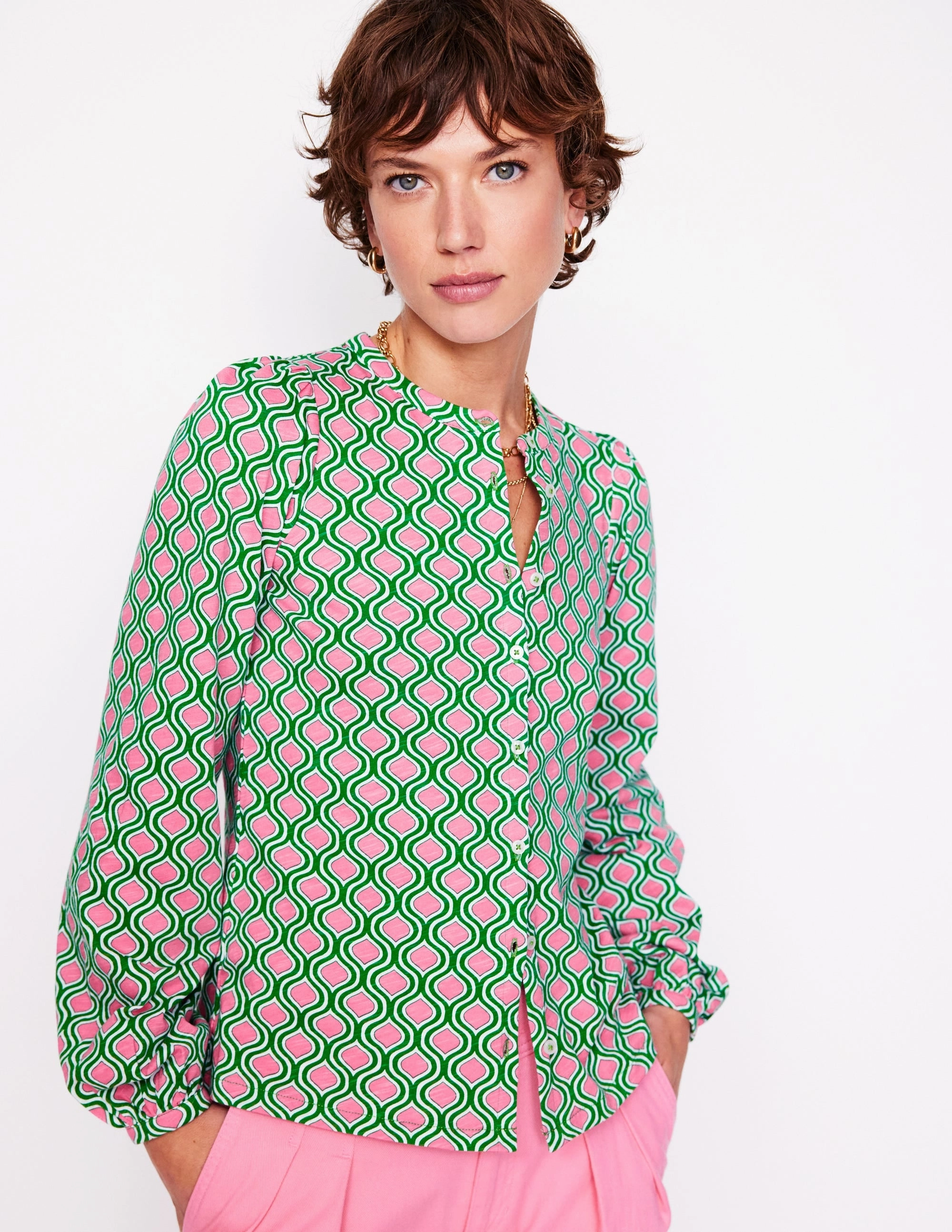 Marina Jersey Shirt-Rich Emerald, Geo Trellis perfect for all-day wear