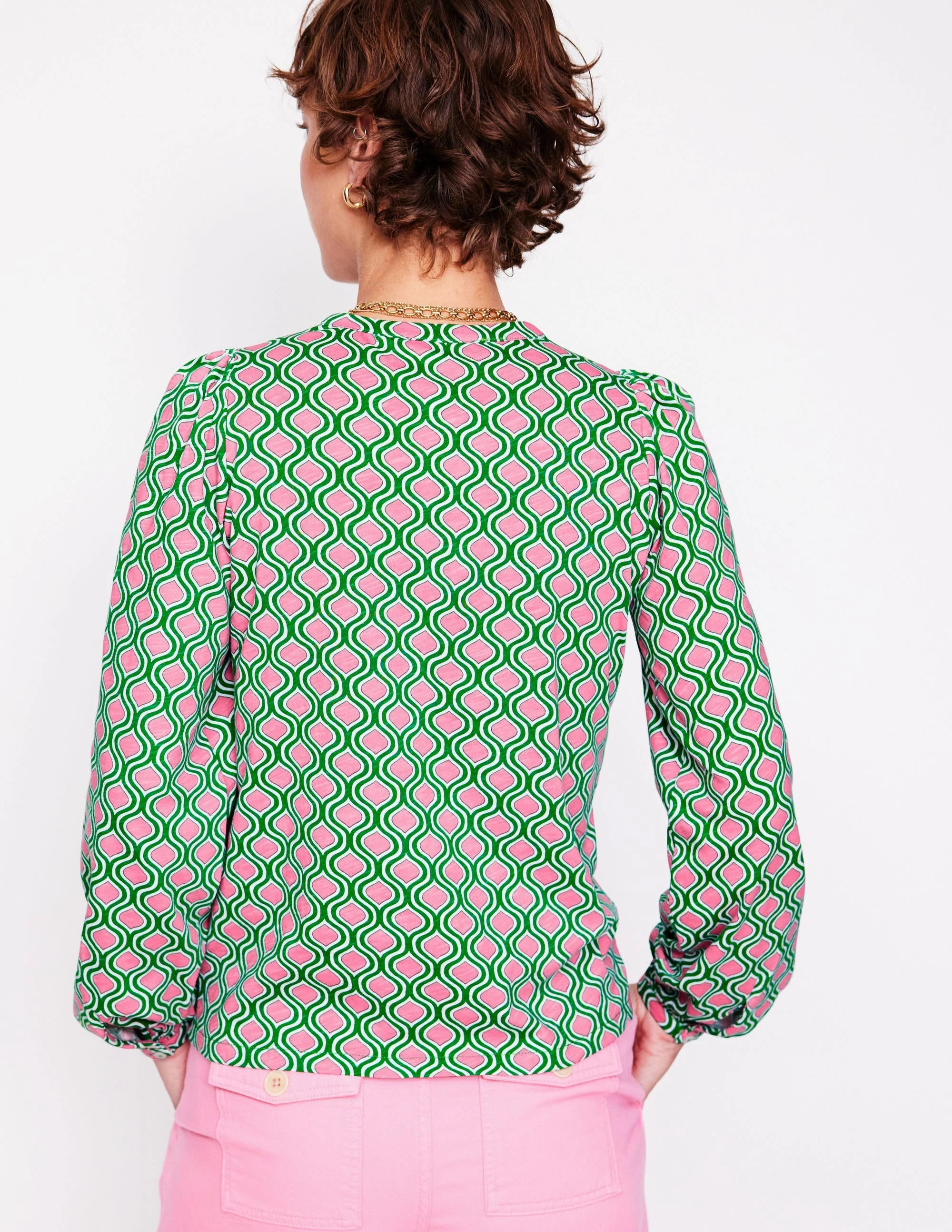 FunctionalPockets Comfortable Layers Marina Jersey Shirt-Rich Emerald, Geo Trellis