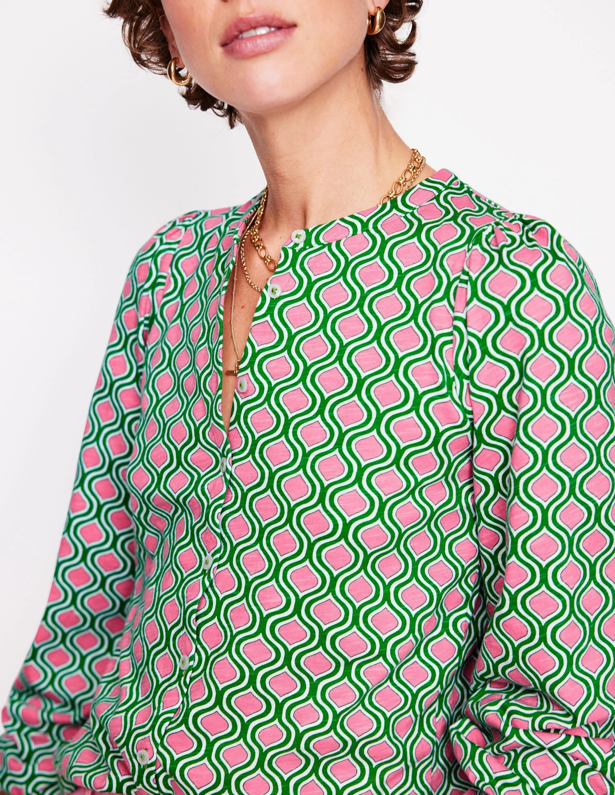 Marina Jersey Shirt-Rich Emerald, Geo Trellis Premium Cotton Blend