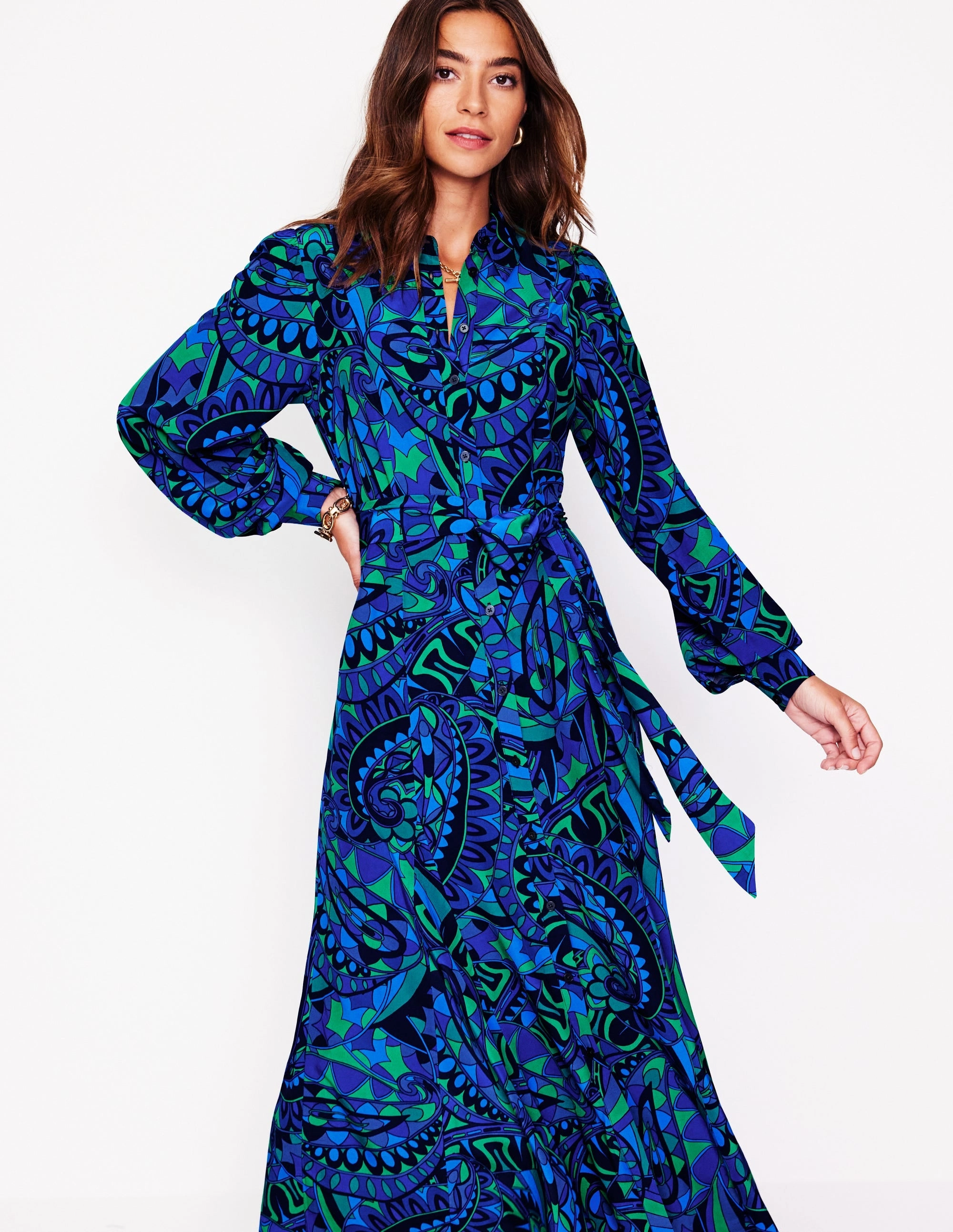 Airy Weave Easy Drape Martha Godet Maxi Shirt Dress-Blue, Kaleidoscopic Paisley