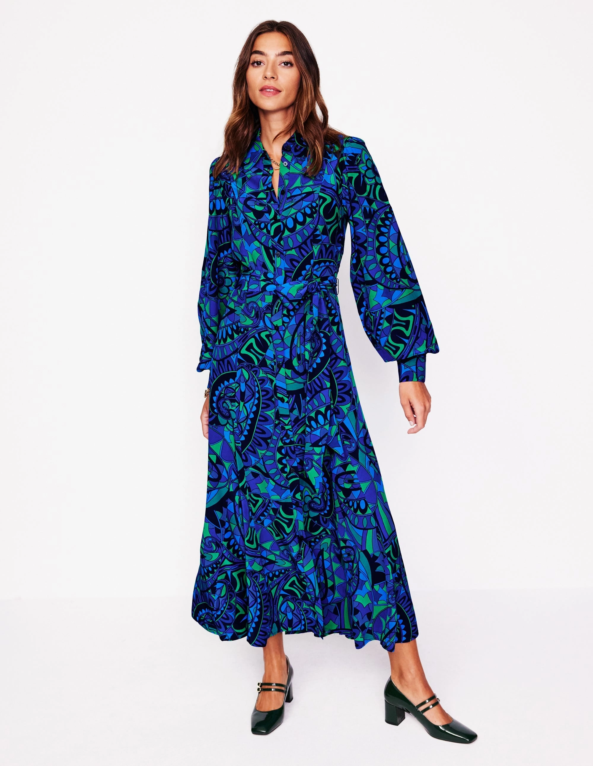 Martha Godet Maxi Shirt Dress-Blue, Kaleidoscopic Paisley Stylish Wear