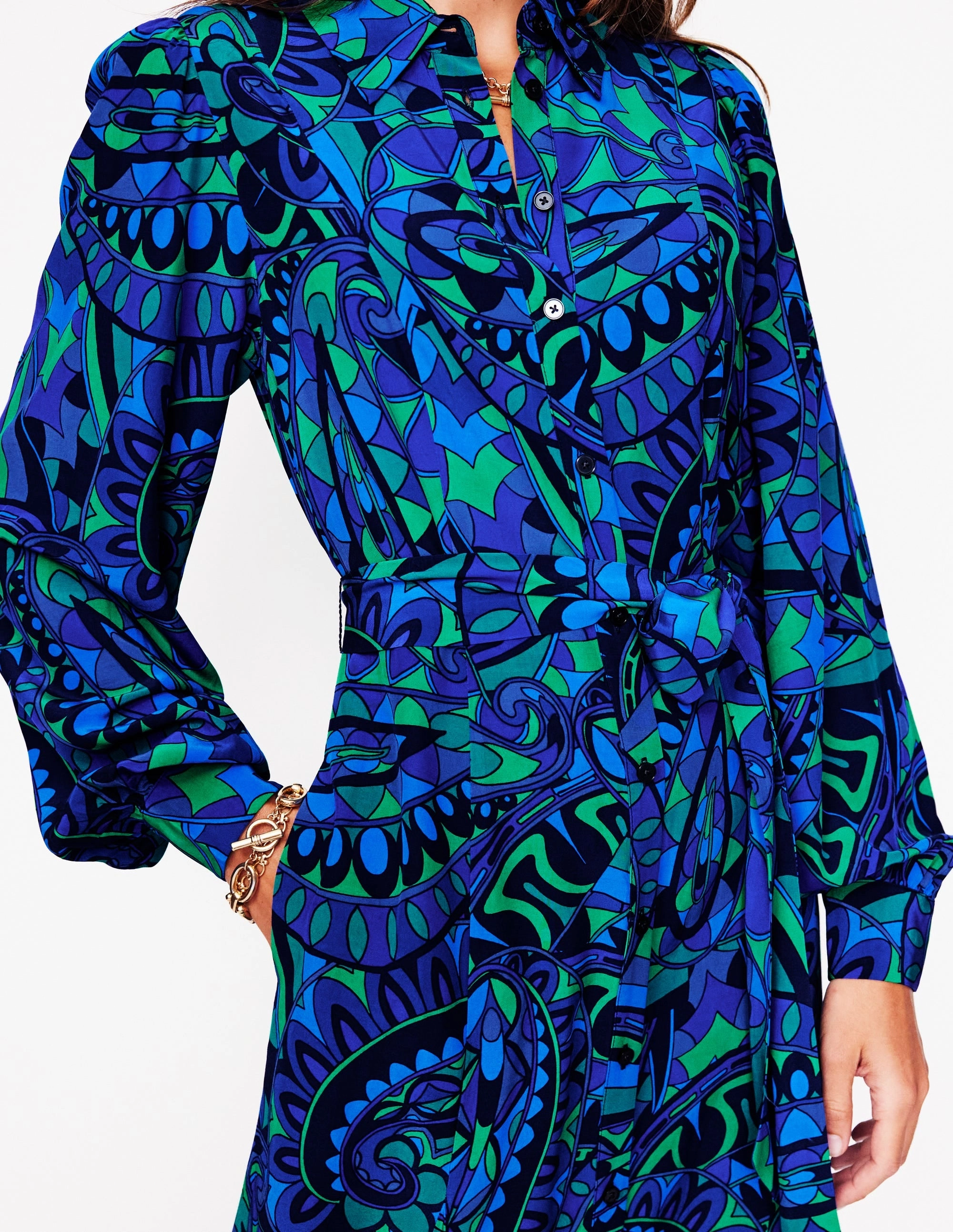 Martha Godet Maxi Shirt Dress-Blue, Kaleidoscopic Paisley Sleek Tailoring Comfortable texture