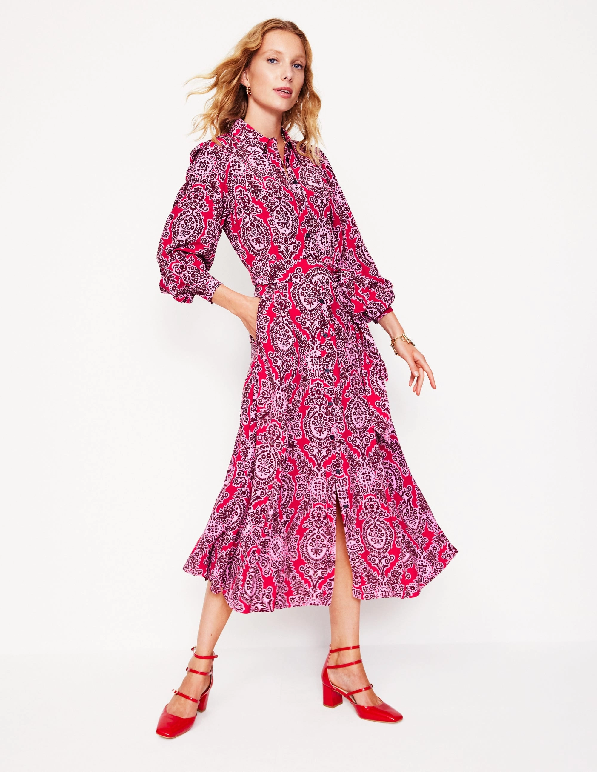 Martha Godet Maxi Shirt Dress-Bright Ruby, Opulent Vine Lined interior slim fit
