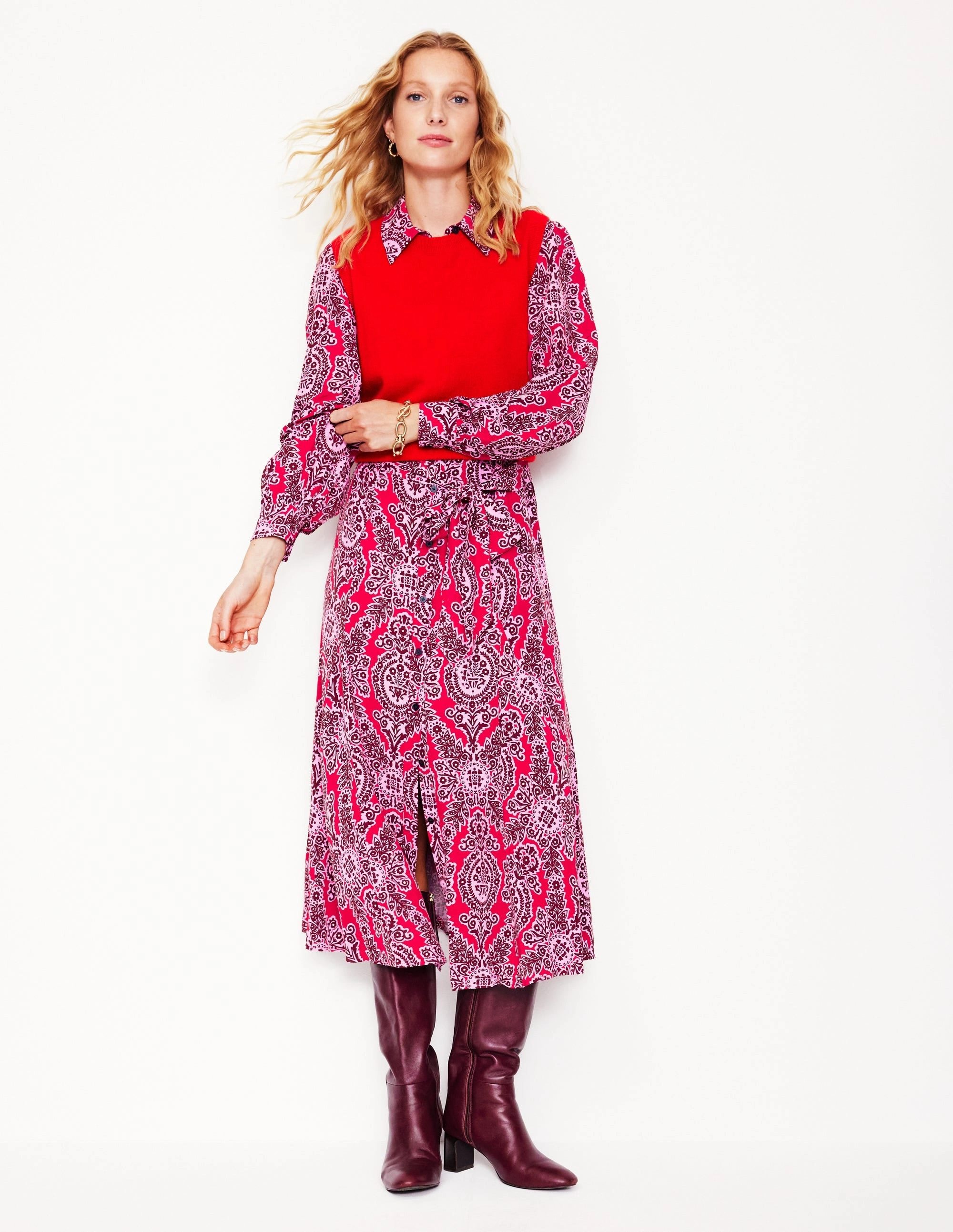 Flawless Waist Fit Vibrant Style Martha Godet Maxi Shirt Dress-Bright Ruby, Opulent Vine