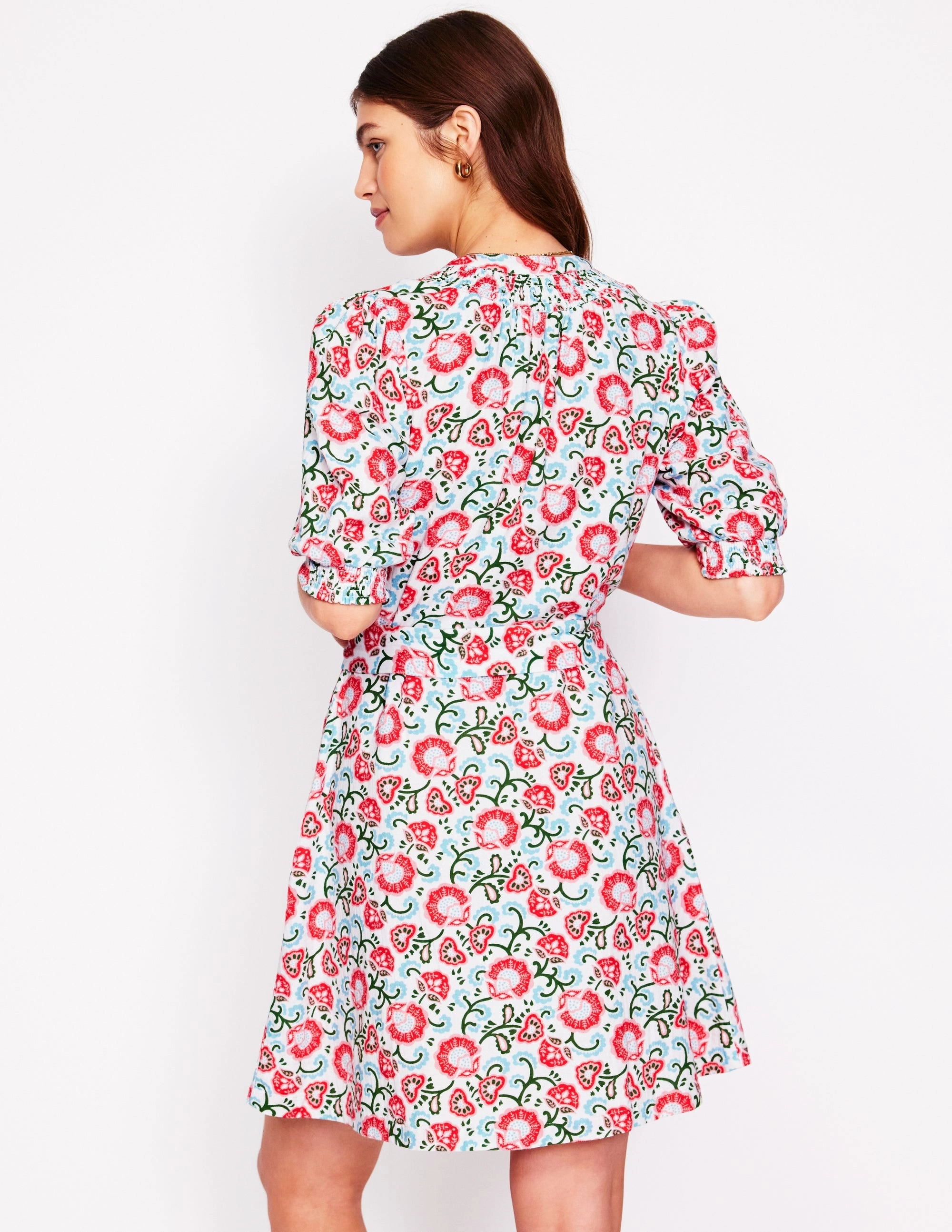 Sheer Look Sophisticated Tailoring Ada Double Cloth Short Dress-Ivory, Garden Vine