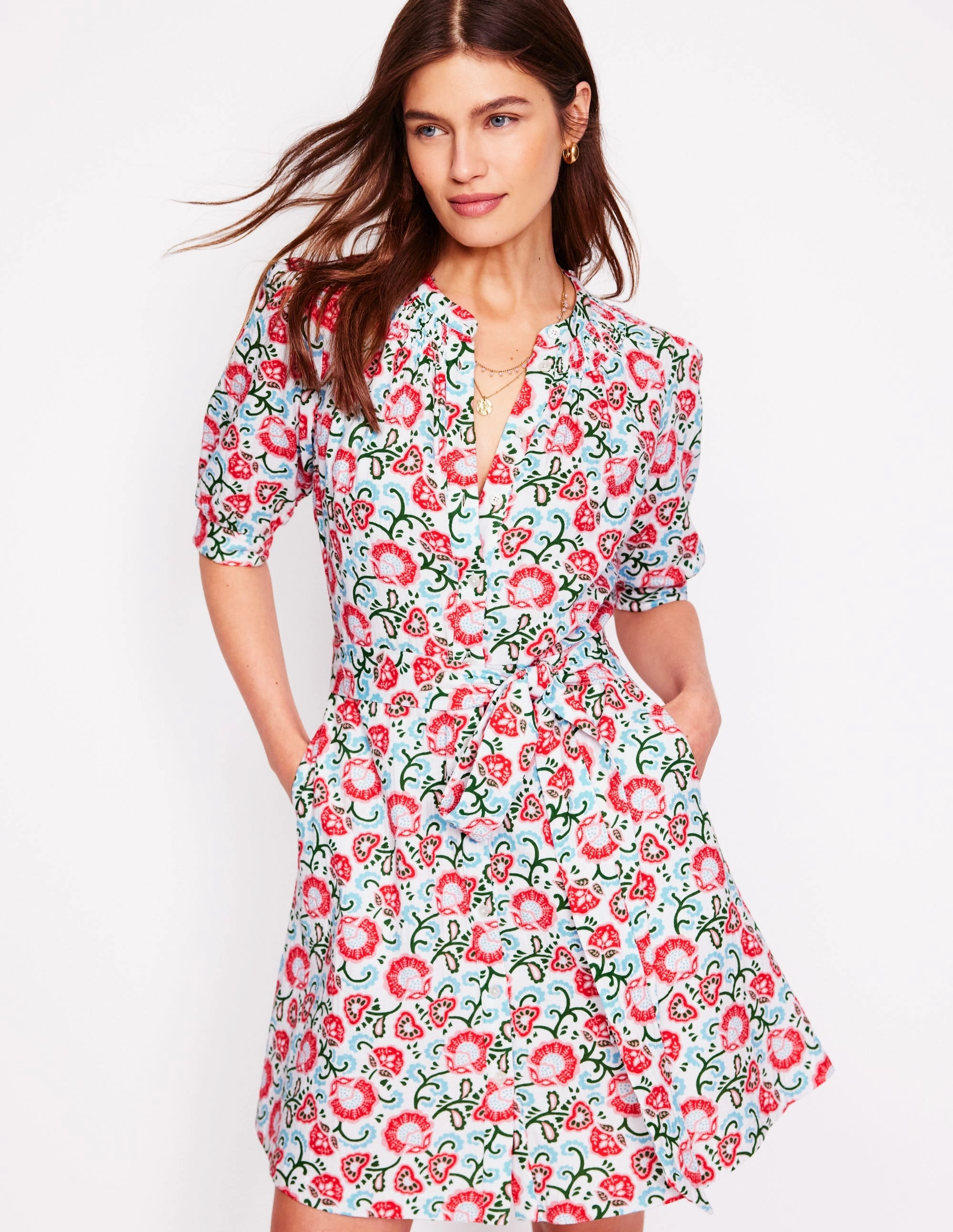 Ada Double Cloth Short Dress-Ivory, Garden Vine Vintage feel Year Round