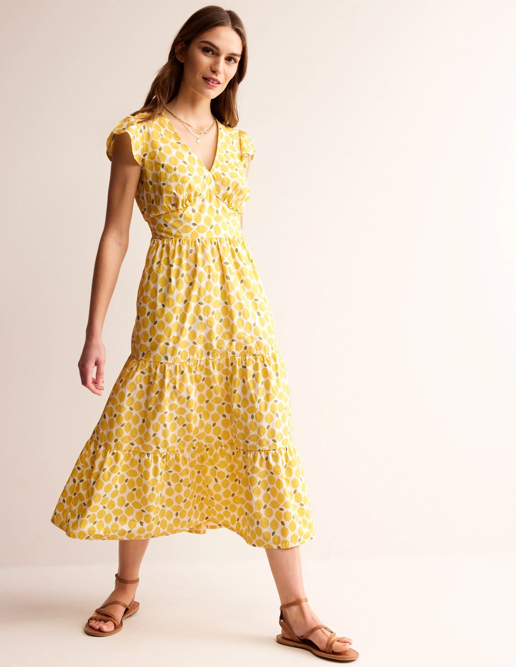 May Cotton Midi Tea Dress-Passionfruit, Lemons Removable-Straps Flower Soft