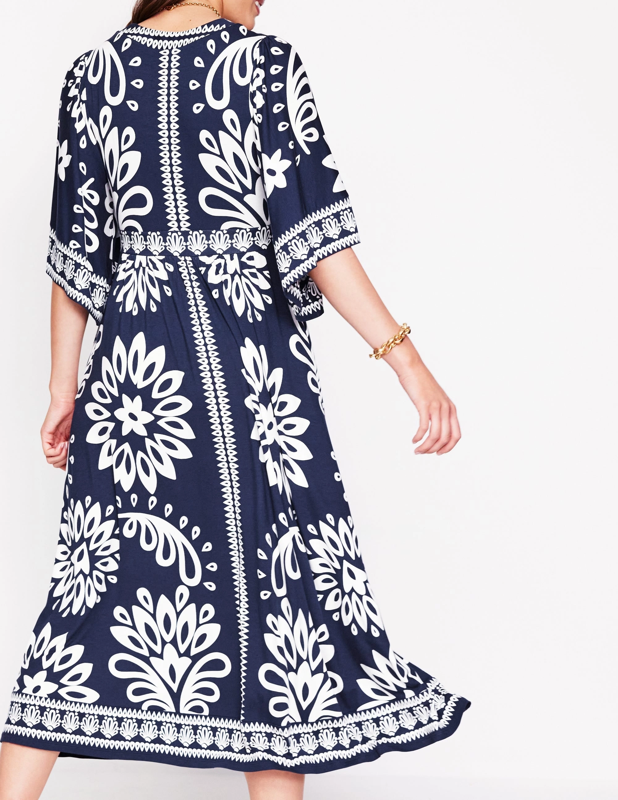 Urban Drape Maya Kimono Jersey Maxi Dress-French Navy, Palm Foliage