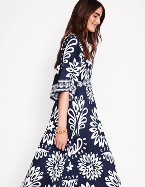 skin friendly Simple Touch Maya Kimono Jersey Maxi Dress-French Navy, Palm Foliage