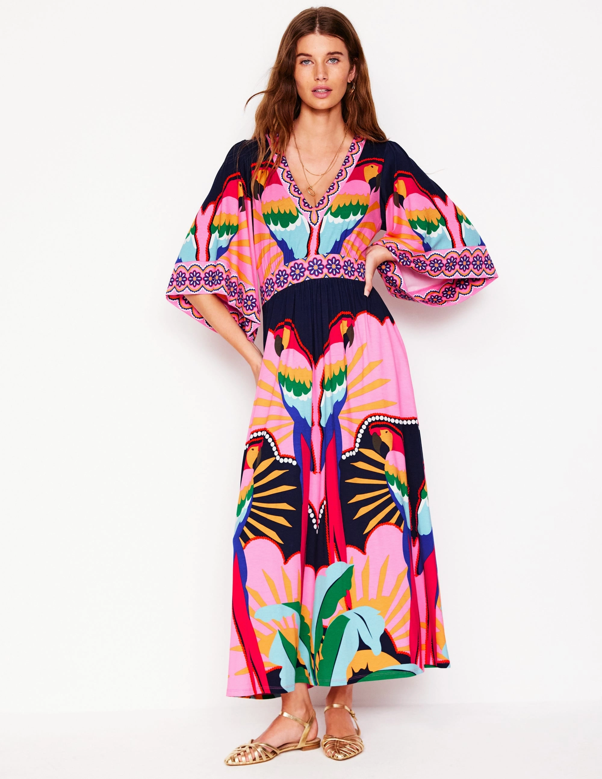 Maya Kimono Jersey Maxi Dress-Multi, Paradise Parrot Subtle Detail